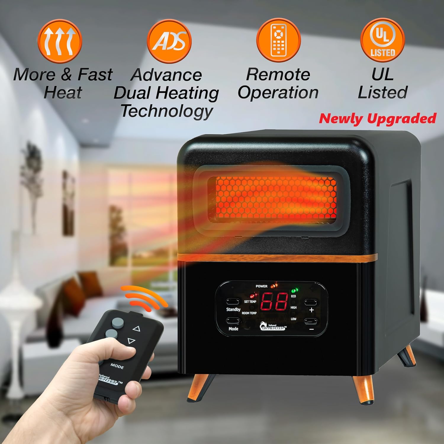 DR. INFRARED HEATER DR-978 New Upgraded Dual Heating Hybrid Portable Infrared Space Heater, 1500W with Remote