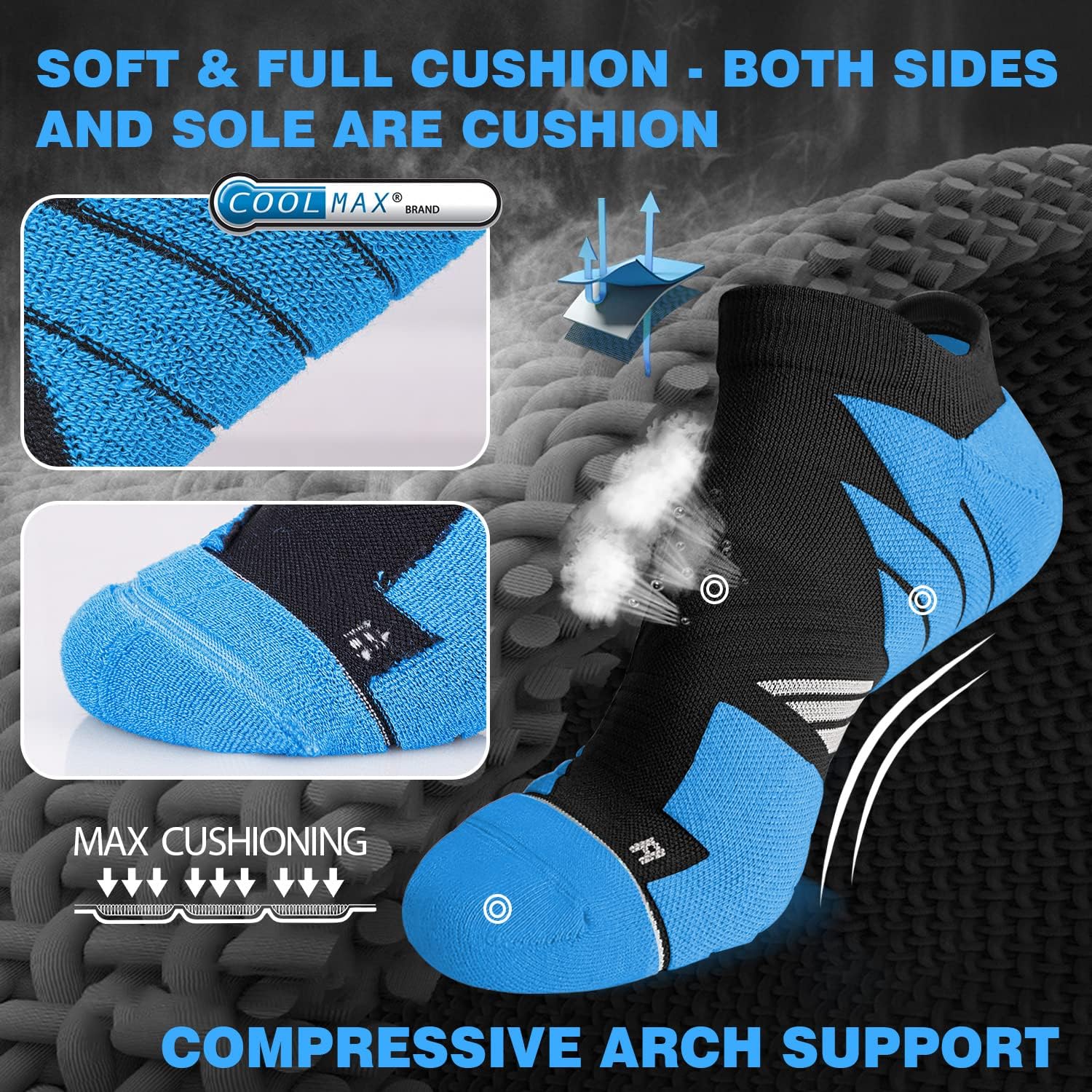 Hylaea Unisex Coolmax No Show Athletic Running Socks, Cushioned No Blisters