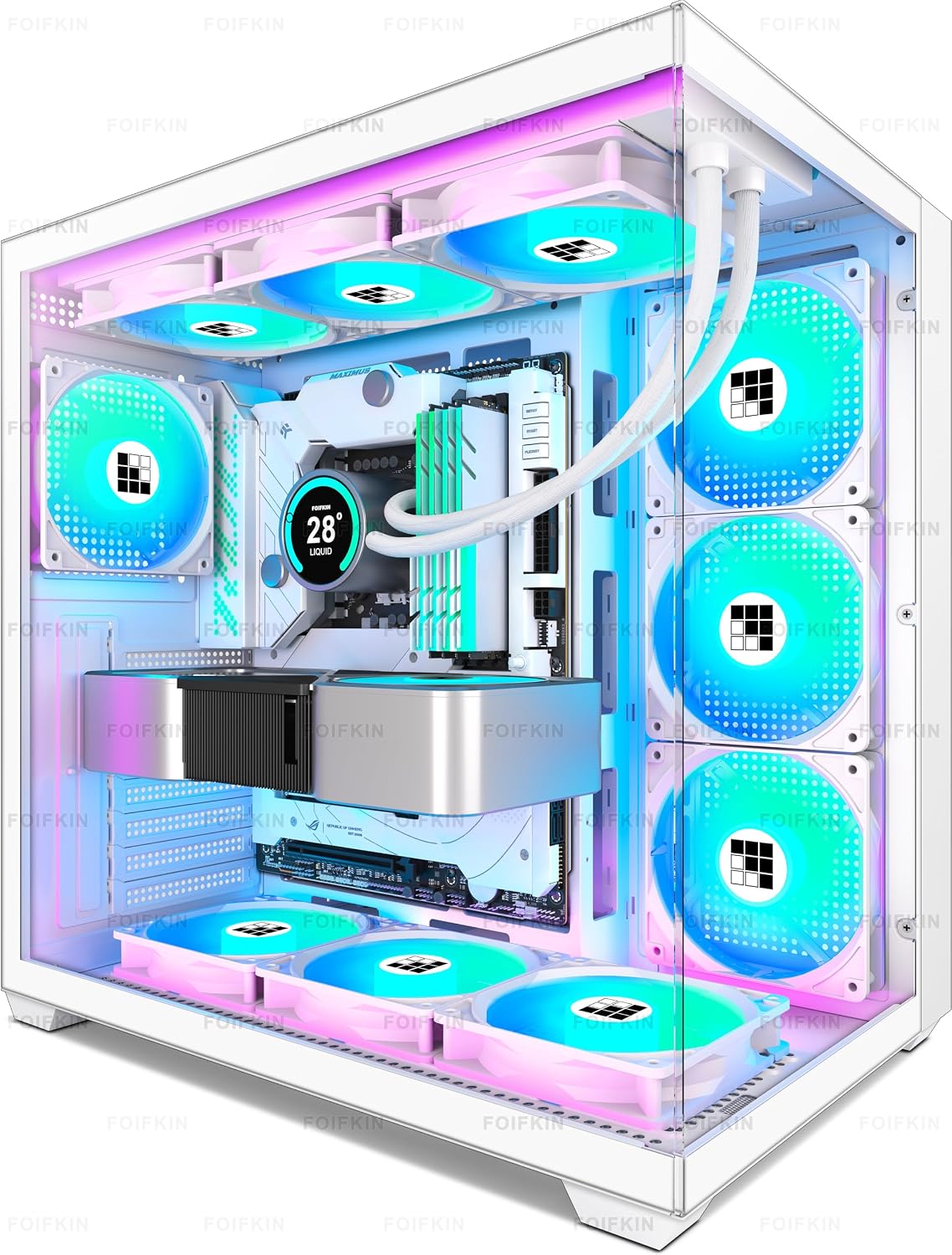 FOIFKIN F600 PC Case - Pre-Installed 7 PWM ARGB Fan, ATX Mid-Tower Gaming PC Case, 270° Panoramic Glass with Type-C, FOIFKIN (Black, F600)