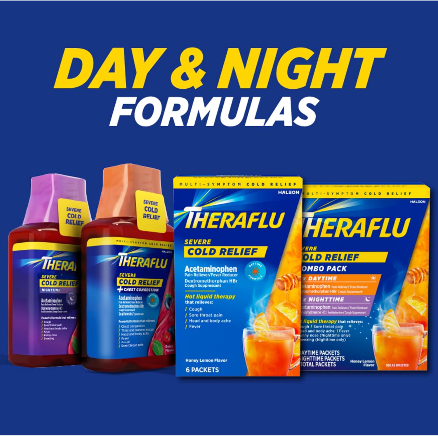 Theraflu Day and Night Pack, Severe Cold Relief, 18 Packets | Cold, Cough, and Flu Relief Powder for Use in Hot Liquids, Dual Formulas for Day and Night, Multiple Tea Flavors