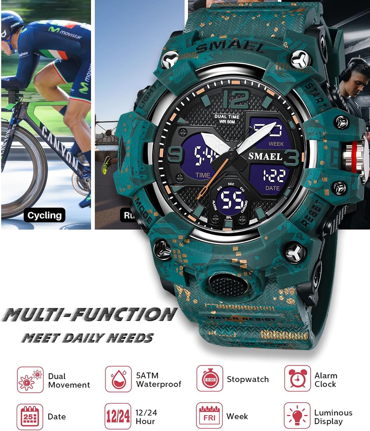 Gosasa Men's Large Face Outdoor Sports Watches Military S-Shock Watch Waterproof, Backlight, Alarm, Stopwatch Features - Rugged Wristwatch for Training, Hiking, and Adventure
