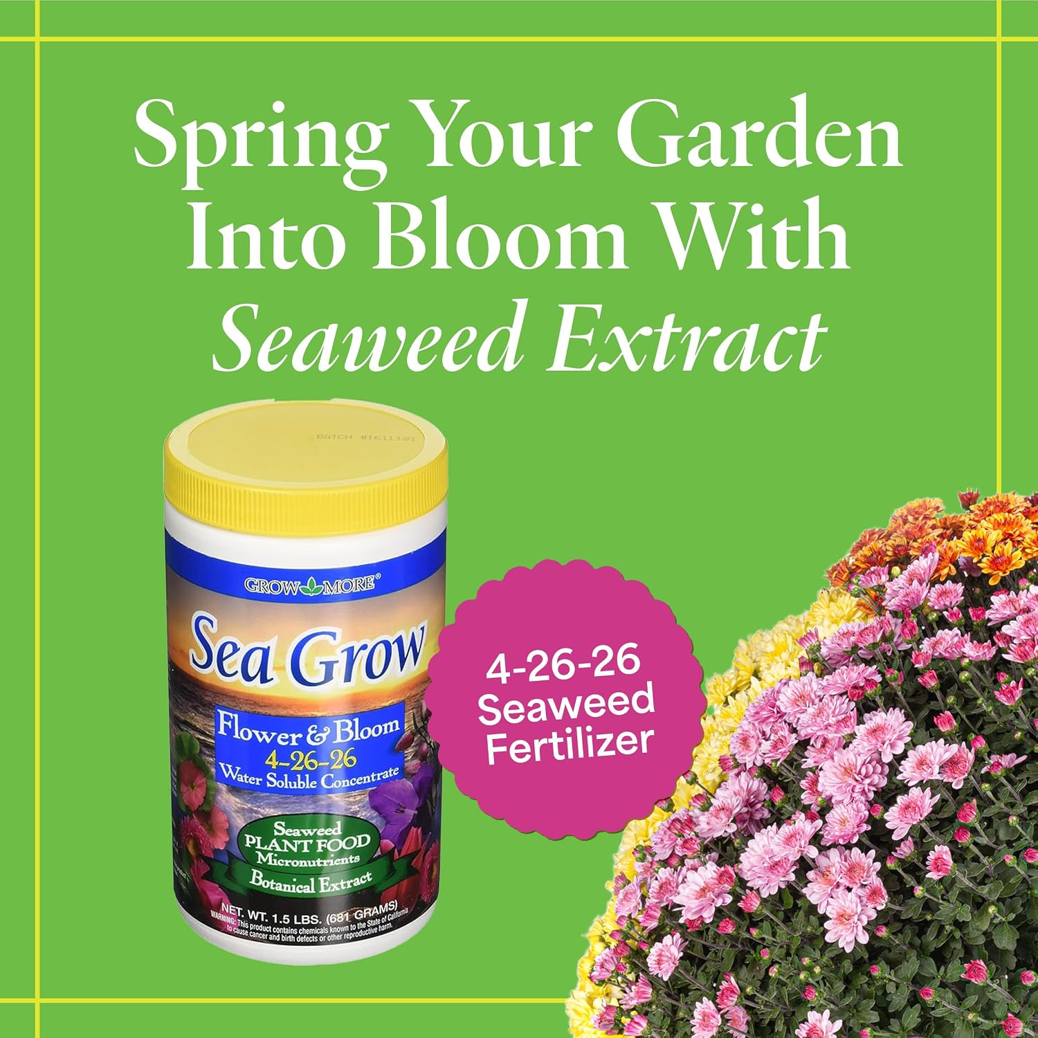 Grow More Sea Grow Flower & Bloom (4-26-26) - 1.5lbs of Seaweed Fertilizer for Plants - Water Soluble Fertilizer for Vegetables & Fruits - High Phosphorus Flower Food w/Seaweed Extract for Plants