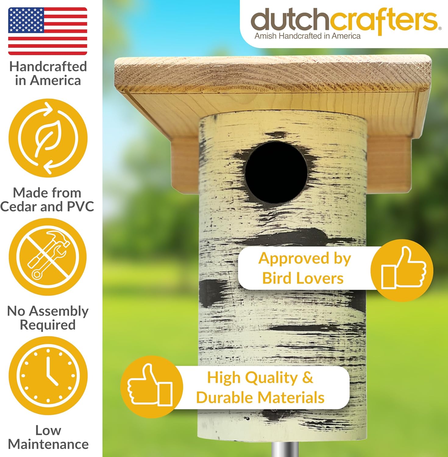 DutchCrafters Pole Mount Gilbertson Bluebird House with Removable Base, Durable Weatherproof Birdhouse Blue Bird Nesting Box for Outdoors (Poly Roof, 1 1/2" Entrance Hole)