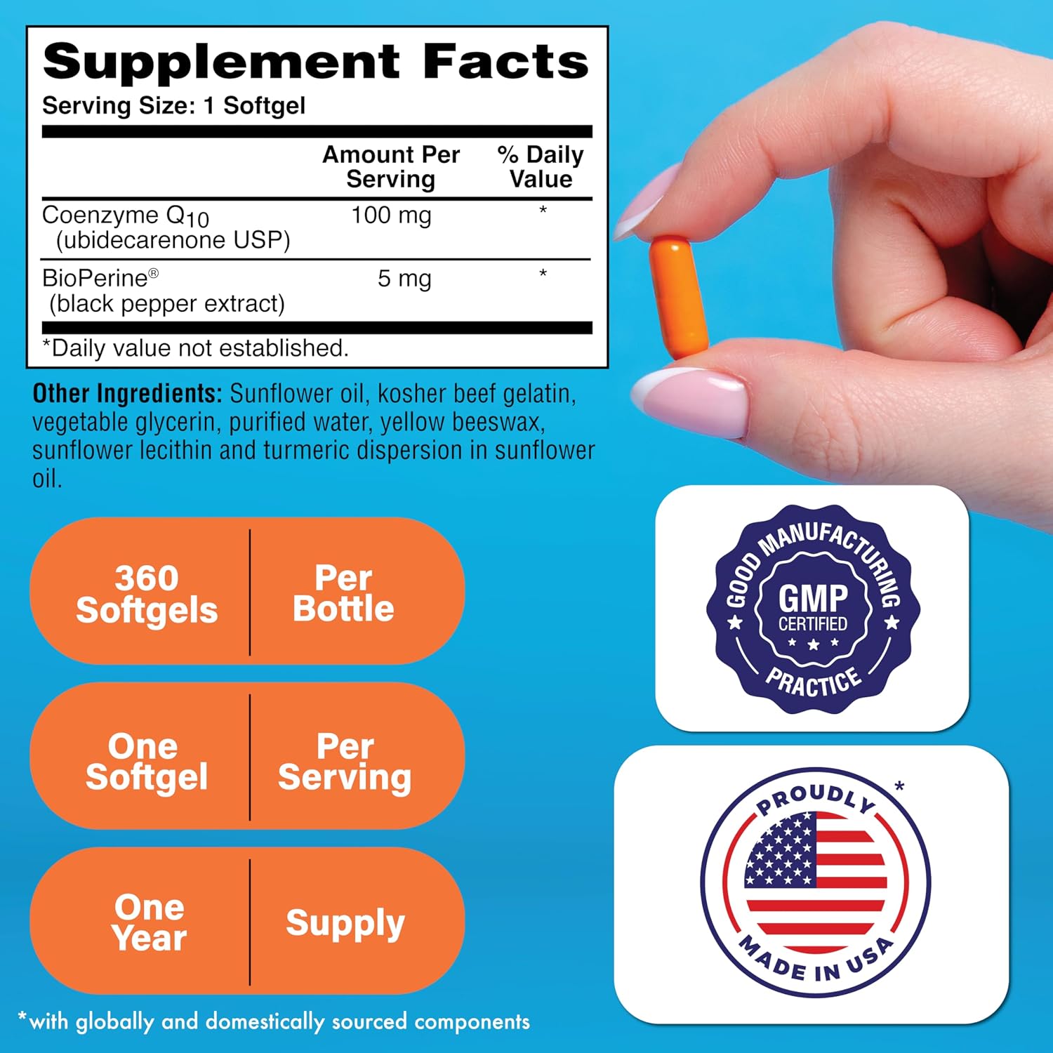 Health Thru Nutrition CoQ-10 100mg with BioPerine 120 Softgels | High Absorption Naturally Fermented USP Grade Coenzyme Q10 Supplement | 3rd Party Tested | Heart Health and Energy Support | High Absorption Naturally Fermented USP Grade Coenzyme Q10 Suppl…