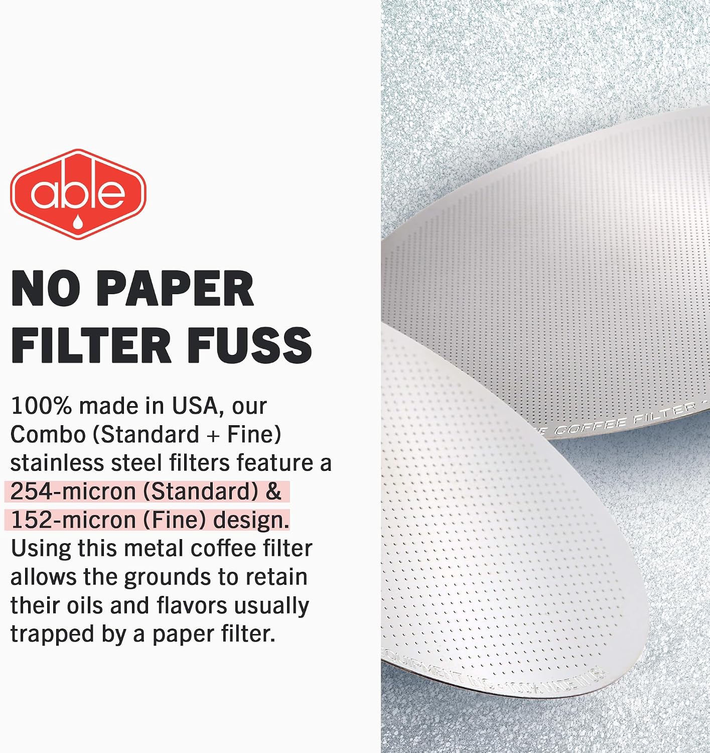 Able - DISK Stainless Steel Coffee Filter, AeroPress Coffee Maker-Compatible, AeroPress Accessories for Home & Cafes, 2.45” Reusable Coffee Filters (254-Micron Standard + 152-Micron Fine), Pack of 2