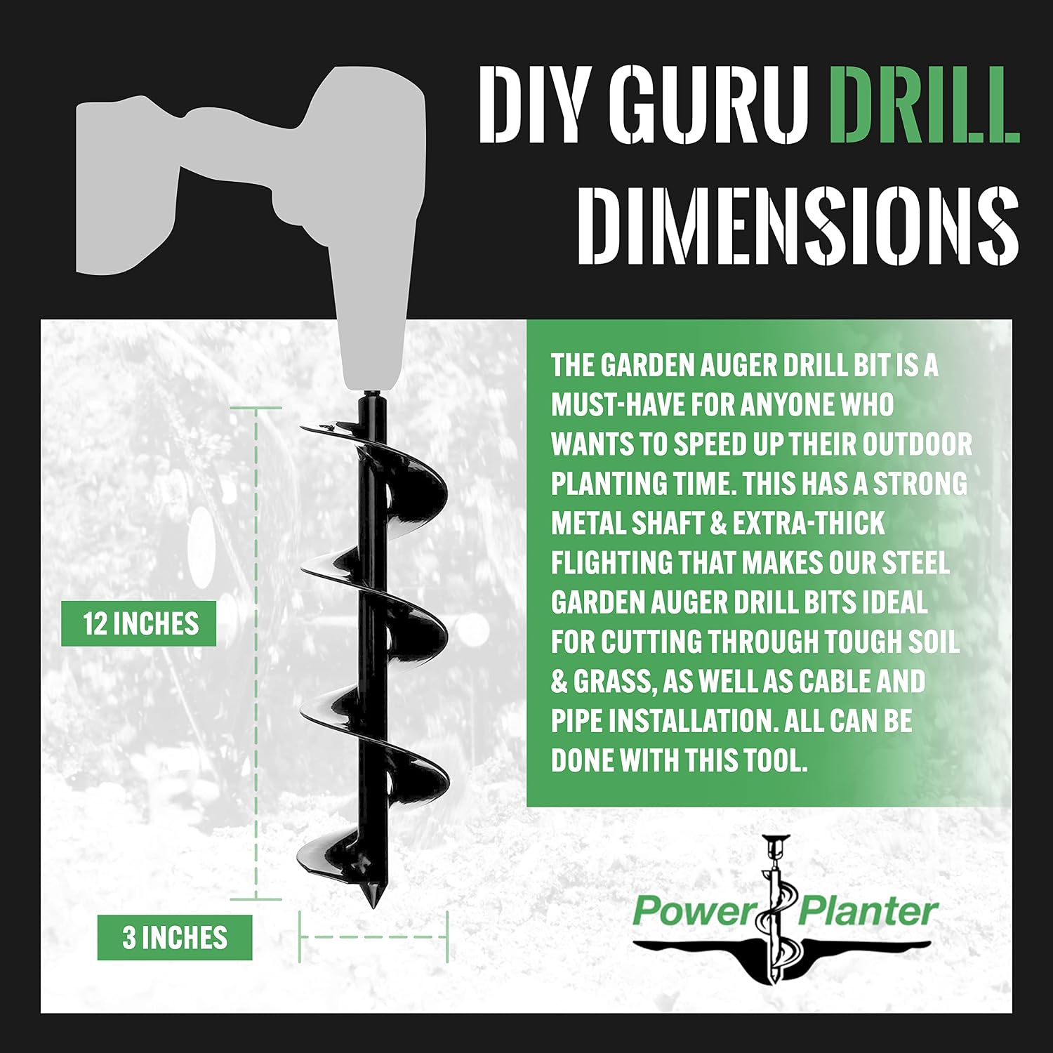 Power Planter DIY Guru Garden Auger- 3"x12" Drill Bit Hole Digger for Post Diggers, Digging Holes- Bulb Planter Tool- Auger Drill for Planting- Garden Digging Tool- 3/8" Non-Slip Hex Drive