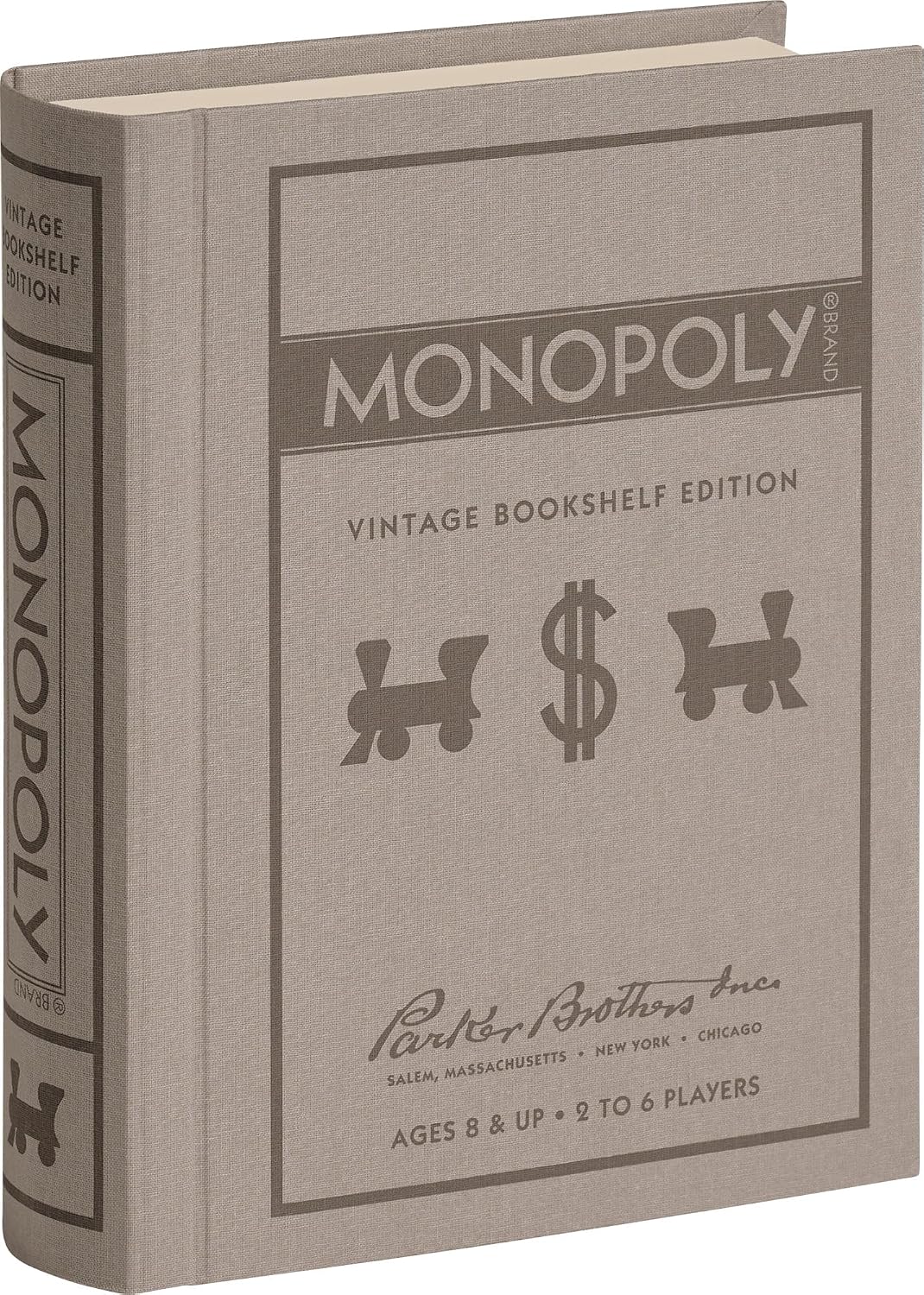 WS Game Company Monopoly Vintage Bookshelf Edition Board Game Premium Fabric-Wrapped Book Storage Box with Retro Graphics, Wooden Houses