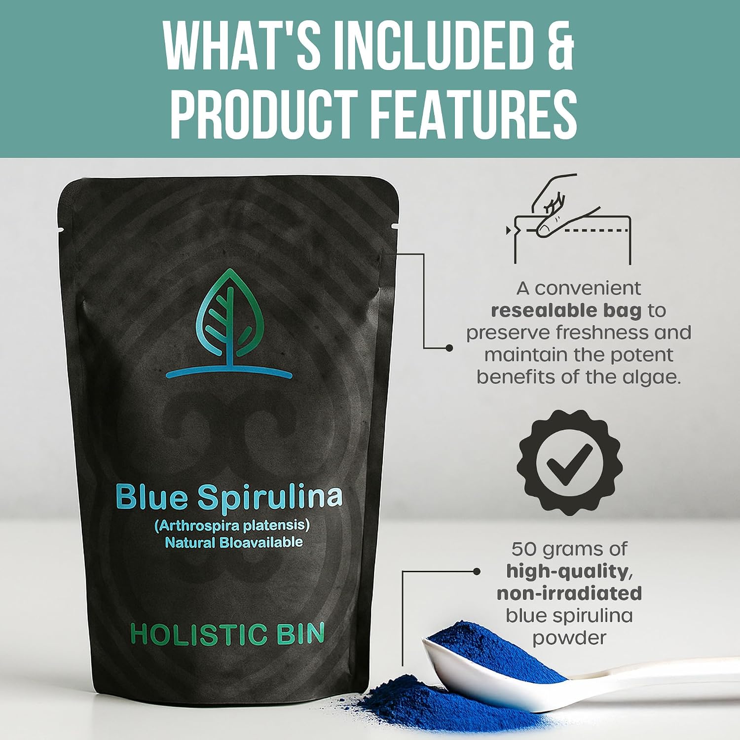 HOLISTIC BIN Blue Spirulina Powder - Organic Blue-Green Algae Supplement, Rich Source of Vegan Protein, Vitamins, & Phytonutrients