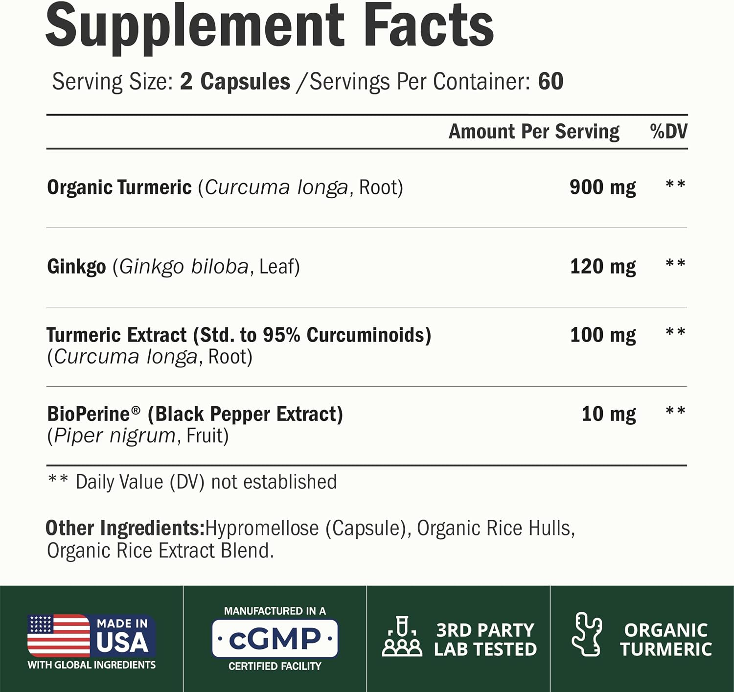 Ginko Biloba Capsules with Ginkgo Biloba 120mg & Organic Turmeric for Joint Support, Focus and Brain Health – Gingo Biloba Supplement with Black Pepper (Bioperine) for Max Absorption – 60 Count