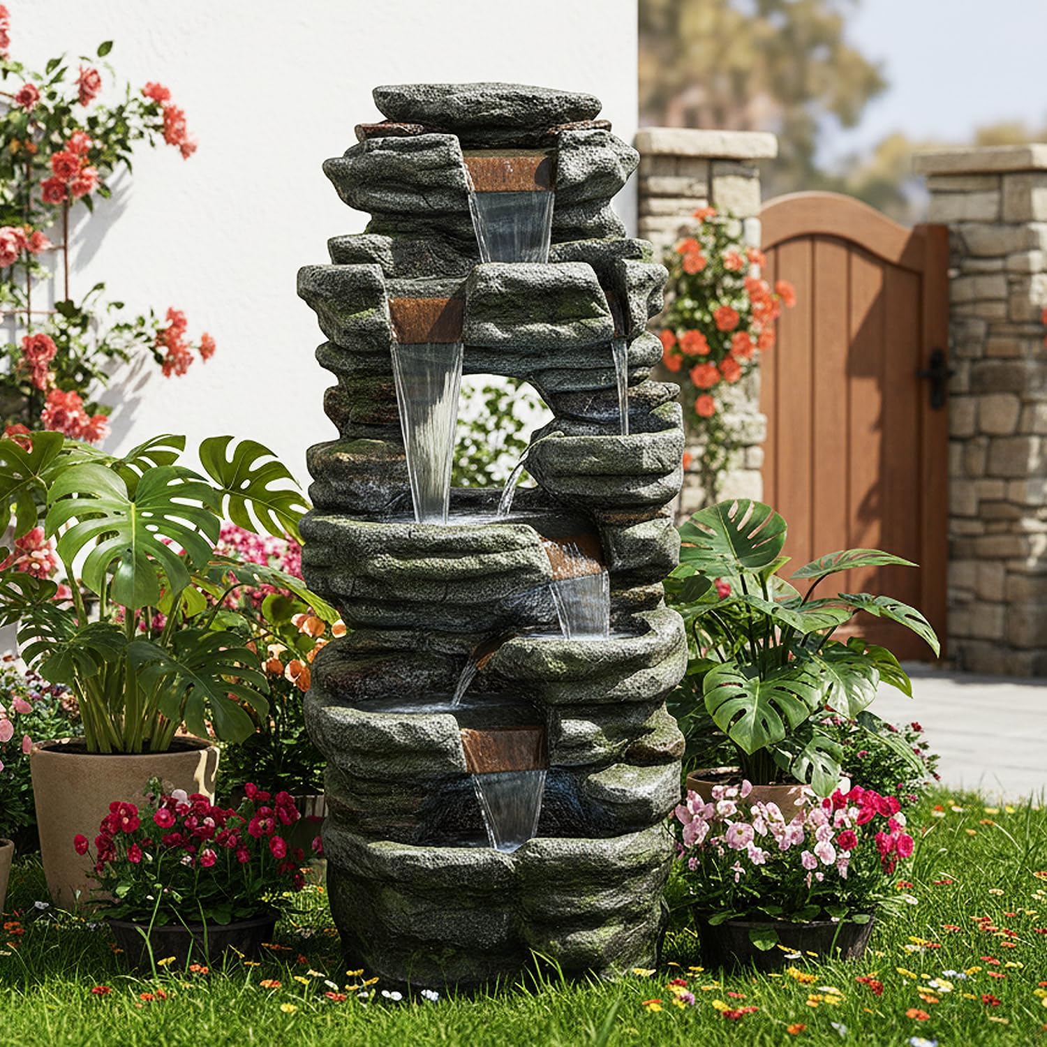 SunJet 40.5” High Rocks Outdoor Water Fountain - 6-Tiers Cascading Waterfall with LED Lights, Soothing Tranquility for Home Garden, Yard Decor