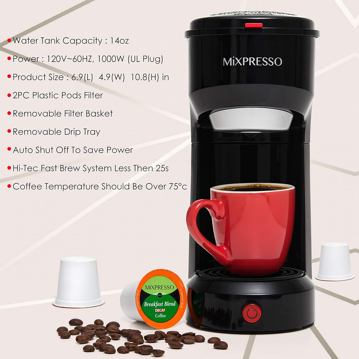 Mixpresso Single Serve Coffee Maker K Cup Coffee Maker for K Pods & Grounds | Compact 800W White Coffee Machine with 14 Oz Water Tank, Fast Brew & Auto Shut-Off, Small Design for Travel RV, Office& Dorm