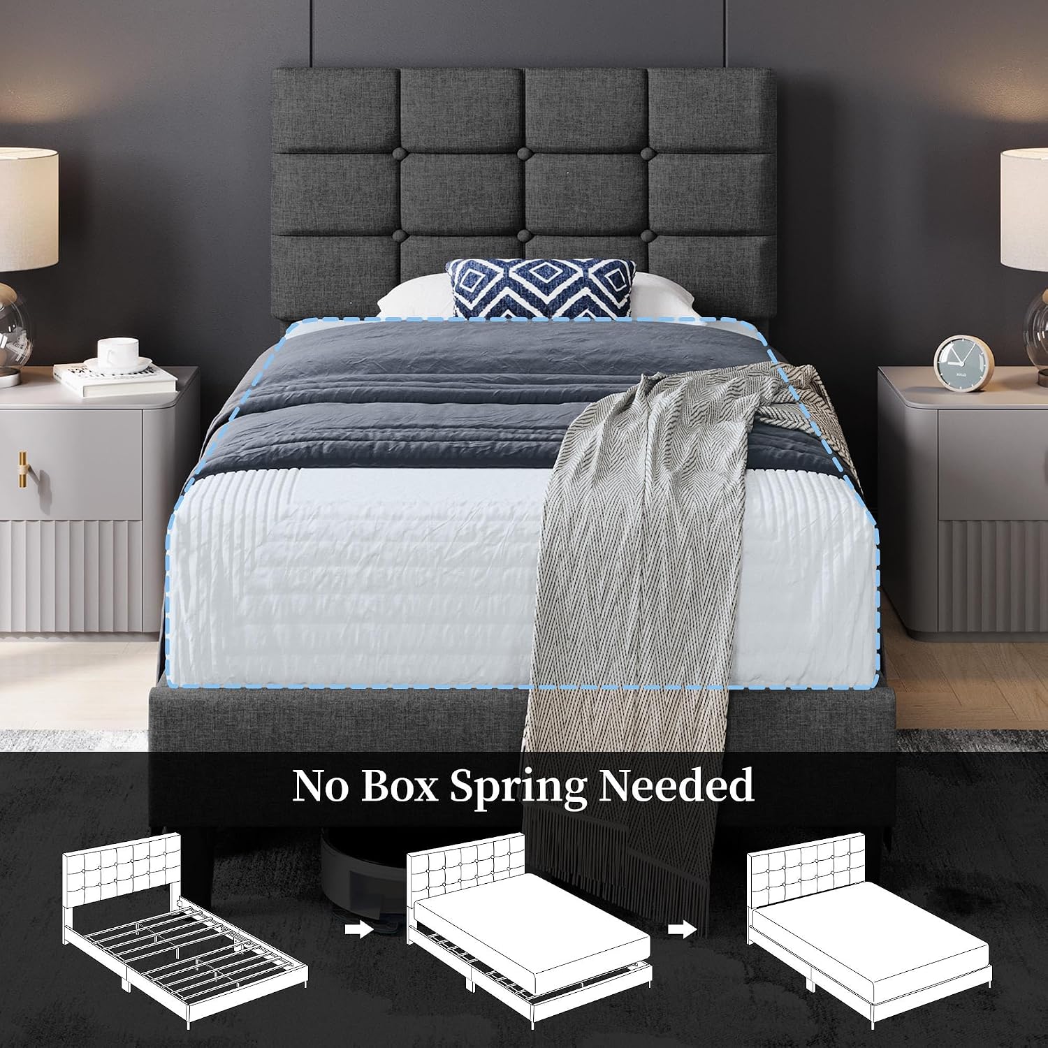 Yaheetech Full Size Upholstered Tufted Bed Frame with Headboard, Dark Gray | Sturdy engineered wood frame with linen fabric upholstery features a soft tufted headboard for easy assembly and support
