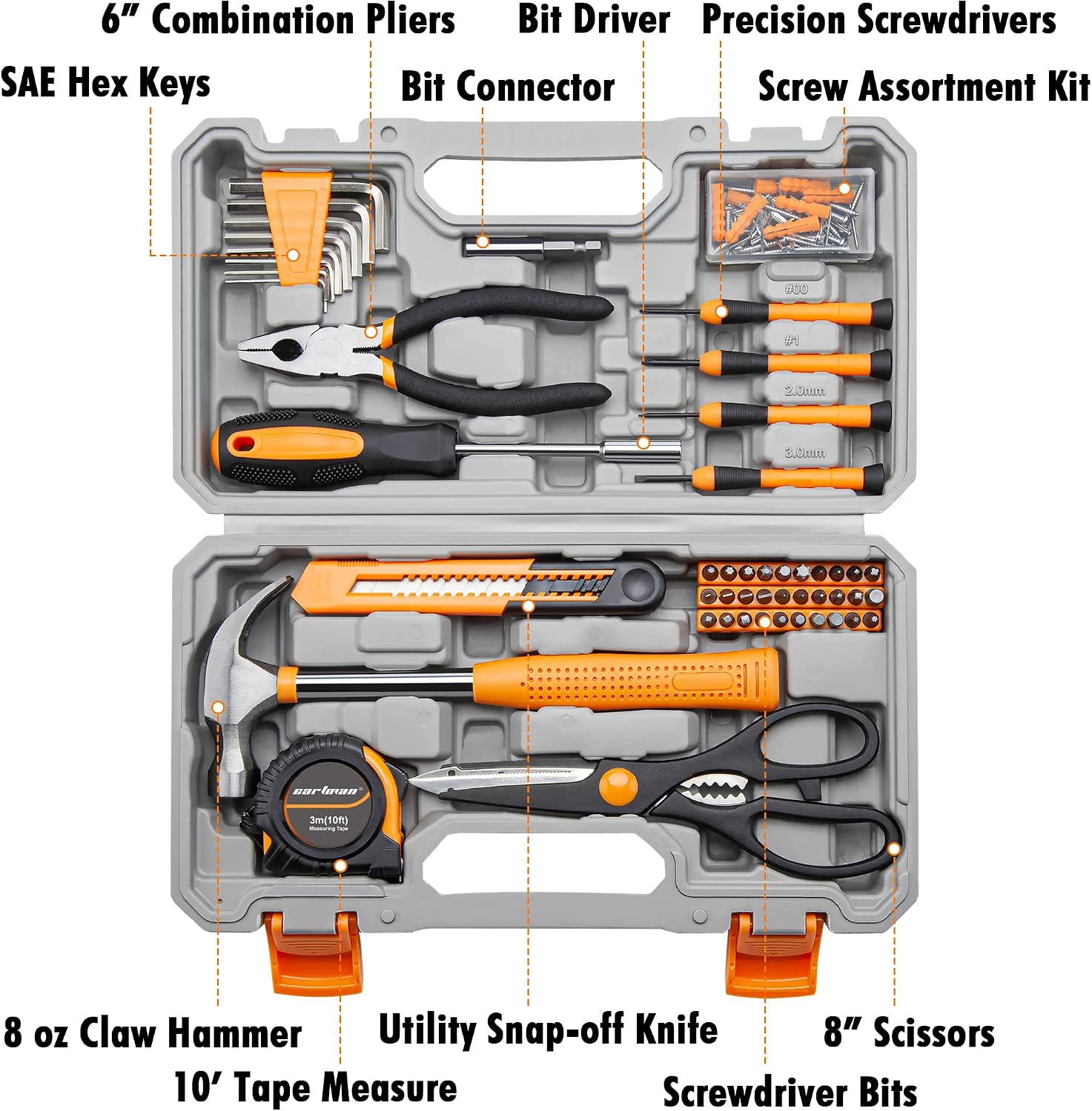CARTMAN 39-Piece Household Tool Set, Orange Hand Kit With Storage Case | Complete assortment for home repairs, DIY projects, furniture setup, crafting, and daily household fixes in toolbox.