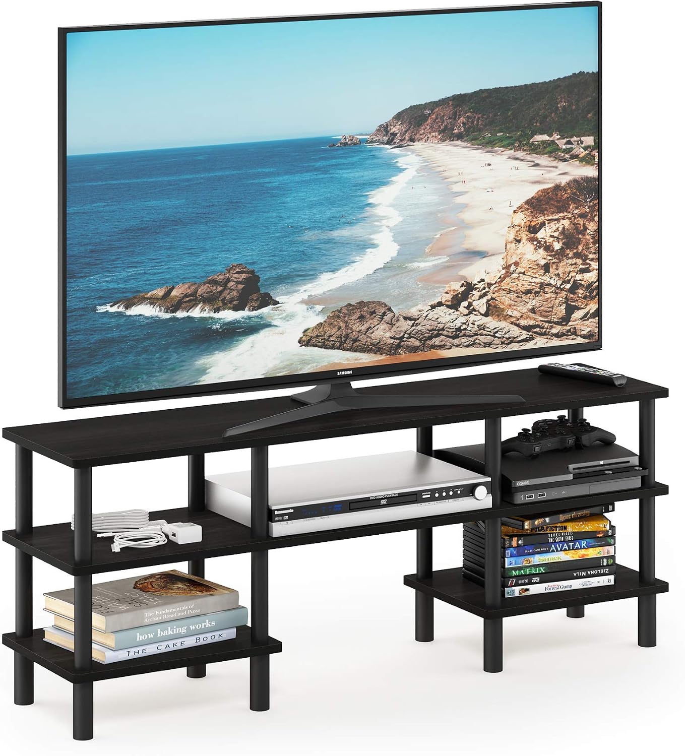 Furinno Nelly TV Stand, 3-Tier Entertainment Center with Open Shelves Storage, TV Console for TV up to 55 Inch, Soft Edges, for Living Room, Bedroom, Black