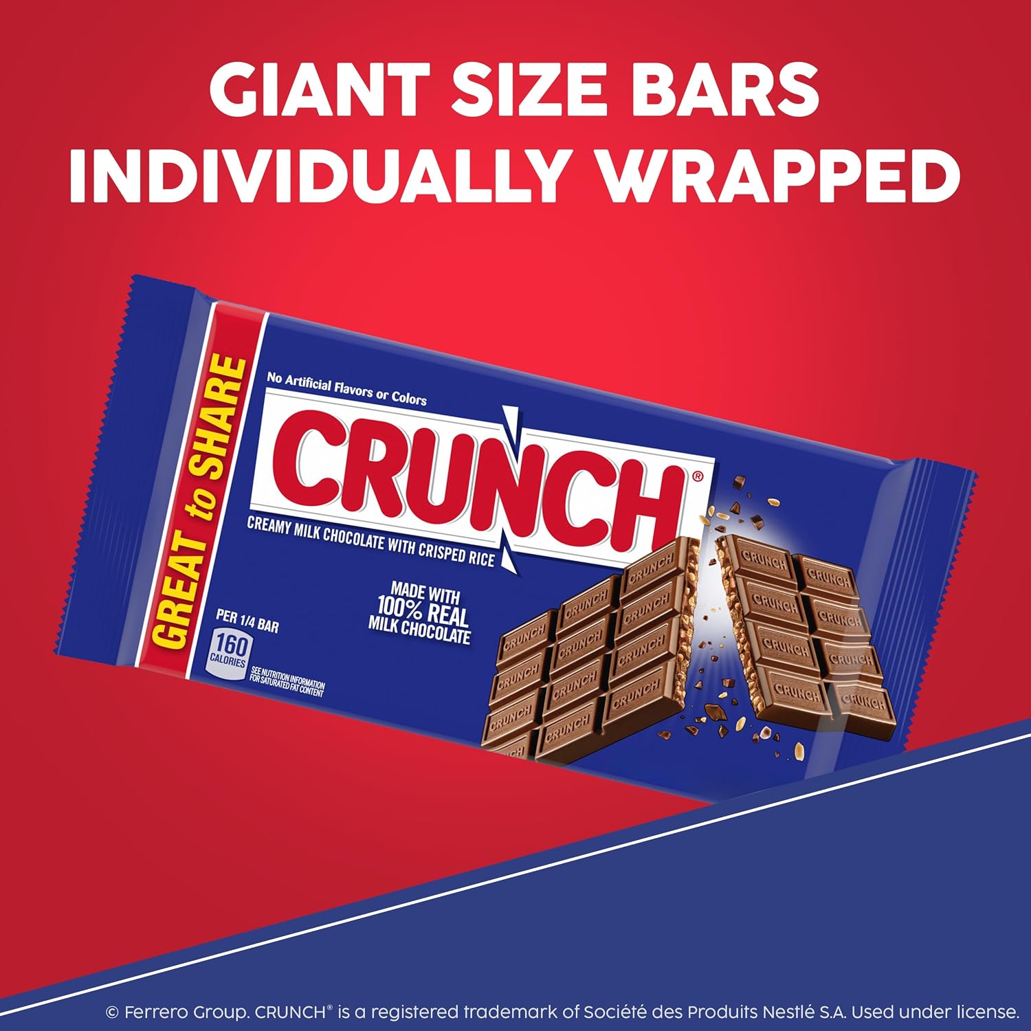 CRUNCH Full-Size Candy Bar, Creamy Milk Chocolate with Crunchy Crisped Rice, 36 Individually Wrapped Bars, 1.55 oz Each