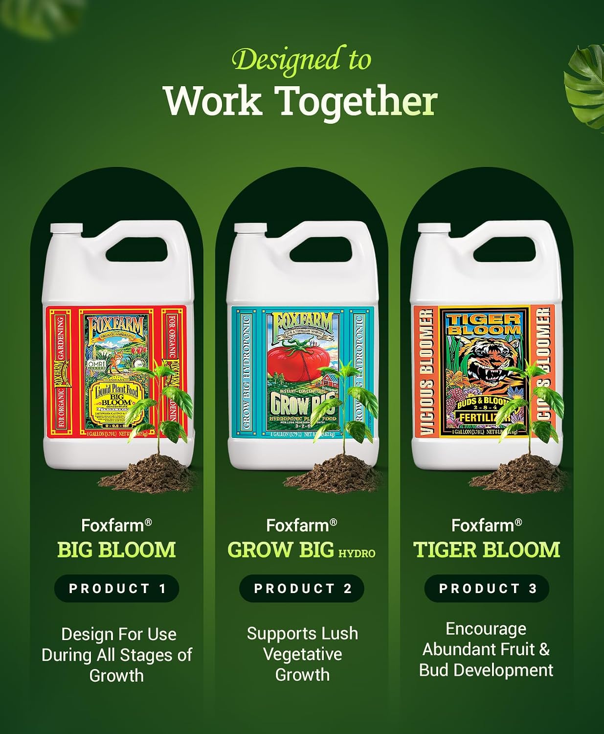 FoxFarm Hydro Liquid Trio Pack - Big Bloom, Grow Big Hydroponic, Tiger Bloom Fertilizers for Plant Growth, Bud Development & Abundant Fruit - Complete Hydroponic Plant Food Set - 3 Pint Bottles