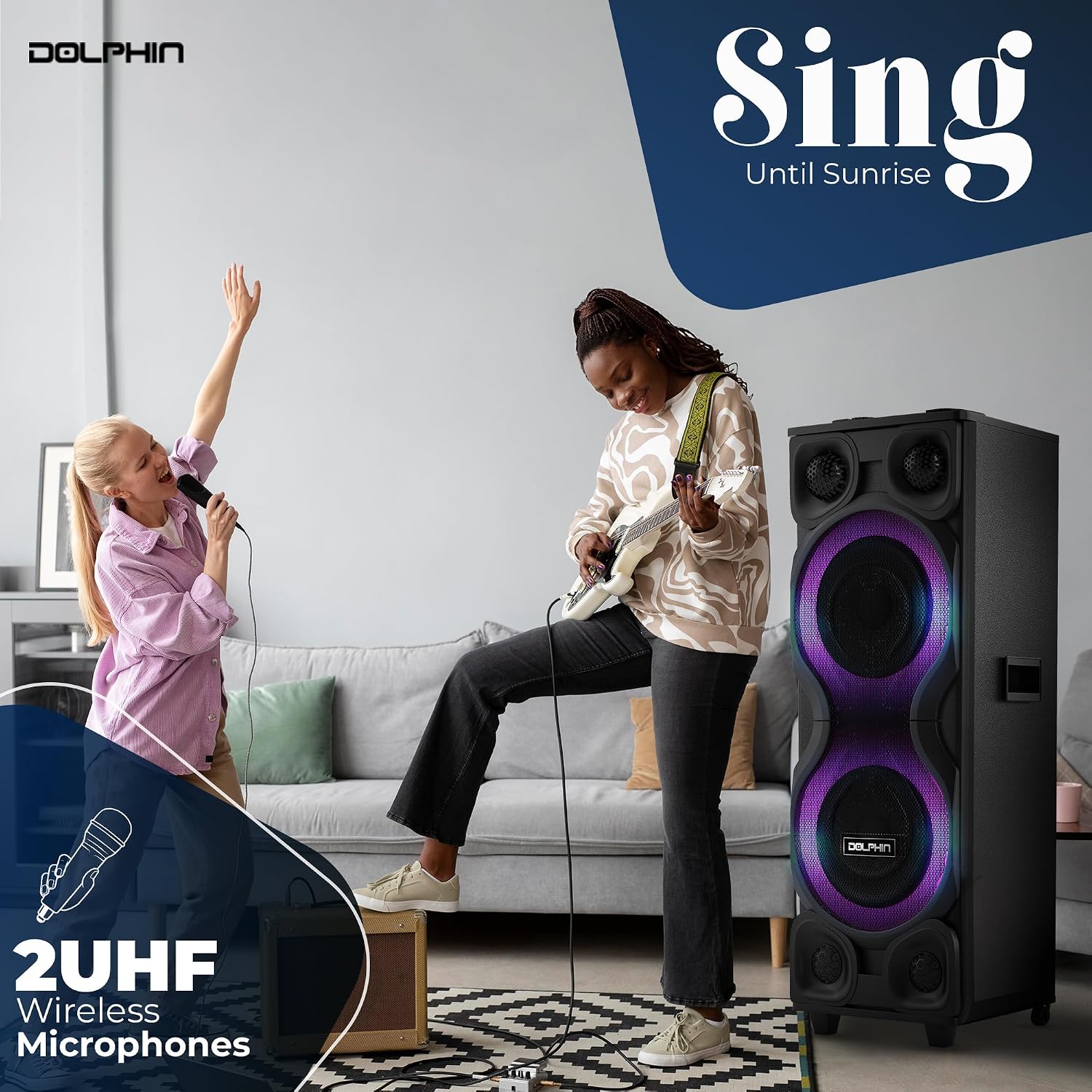 Dolphin Bluetooth Party Speaker with 2 Wireless Mics, Dual 12" Woofers | 120W Output, X-BASS, MDF Wood Cabinet, LED Infinity Lights, USB/TF/FM/AUX