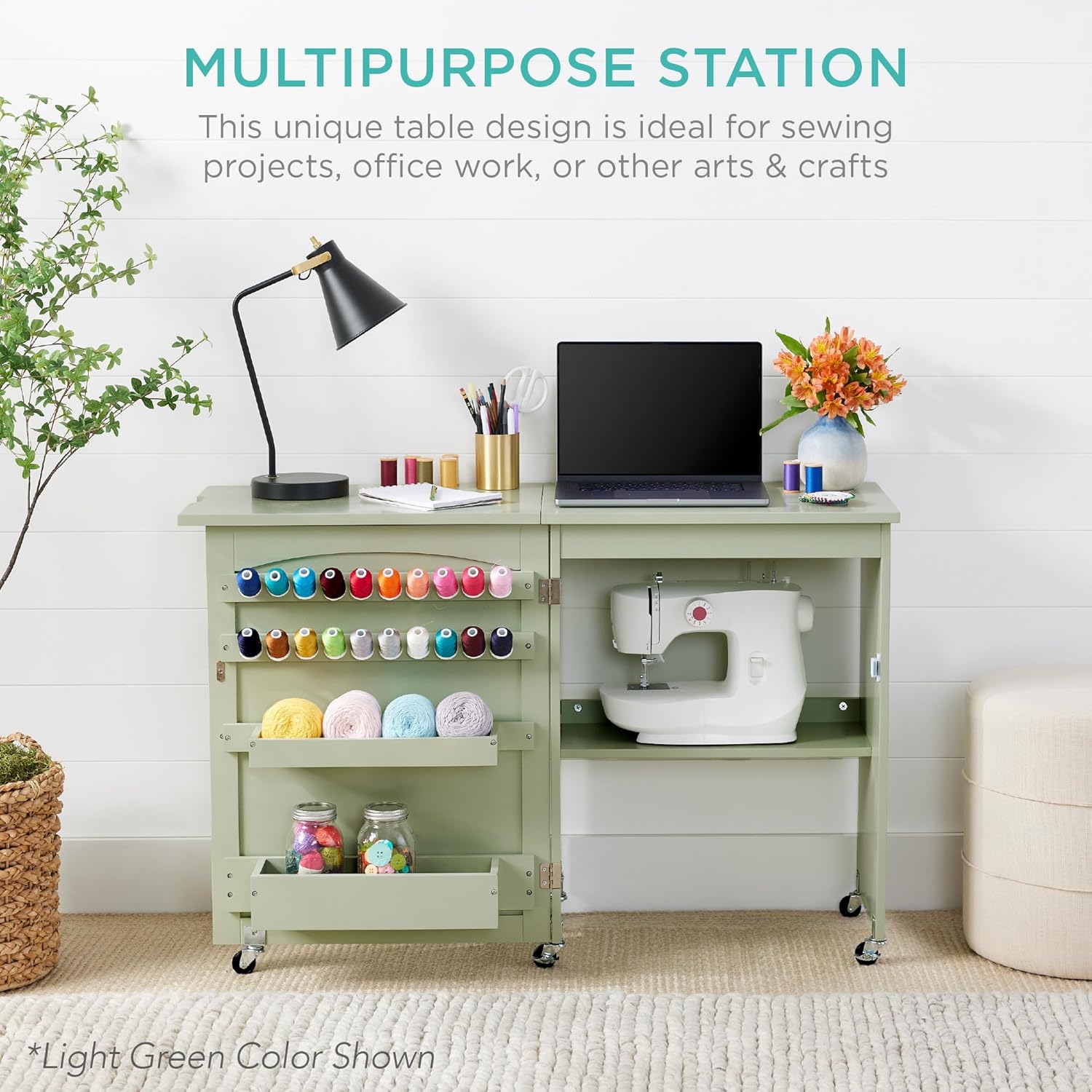 Best Choice Products Folding Sewing Table Multipurpose Craft Station & Side Desk with Compact Design, Wheels, Shelves, Storage Trays, Pegs