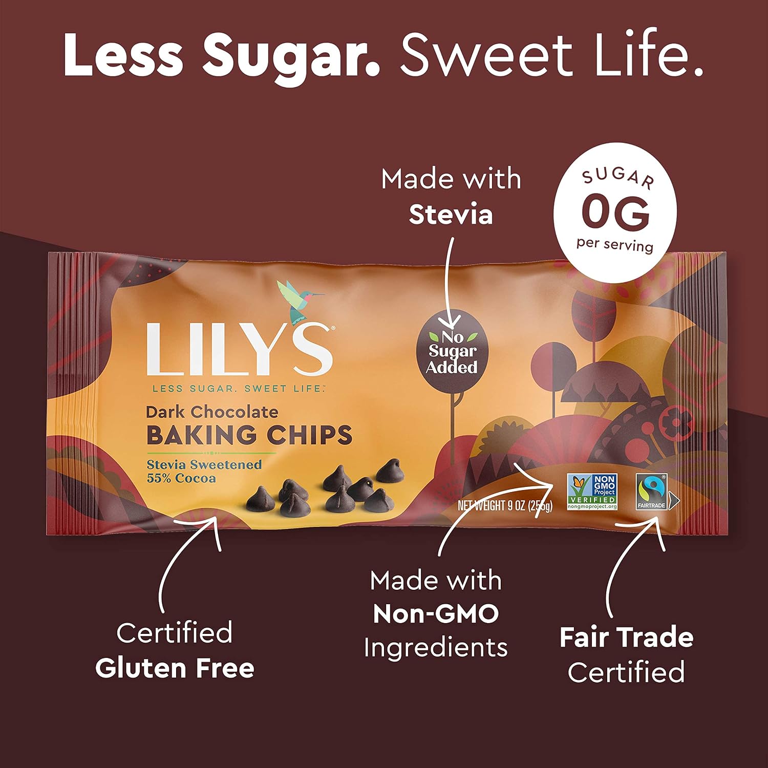 Dark Chocolate Chips by Lily's | Stevia Sweetened, No Added Sugar, Low-Carb, Keto Friendly | 55% Cocoa | Fair Trade, Gluten-Free & Non-GMO | 9 ounce