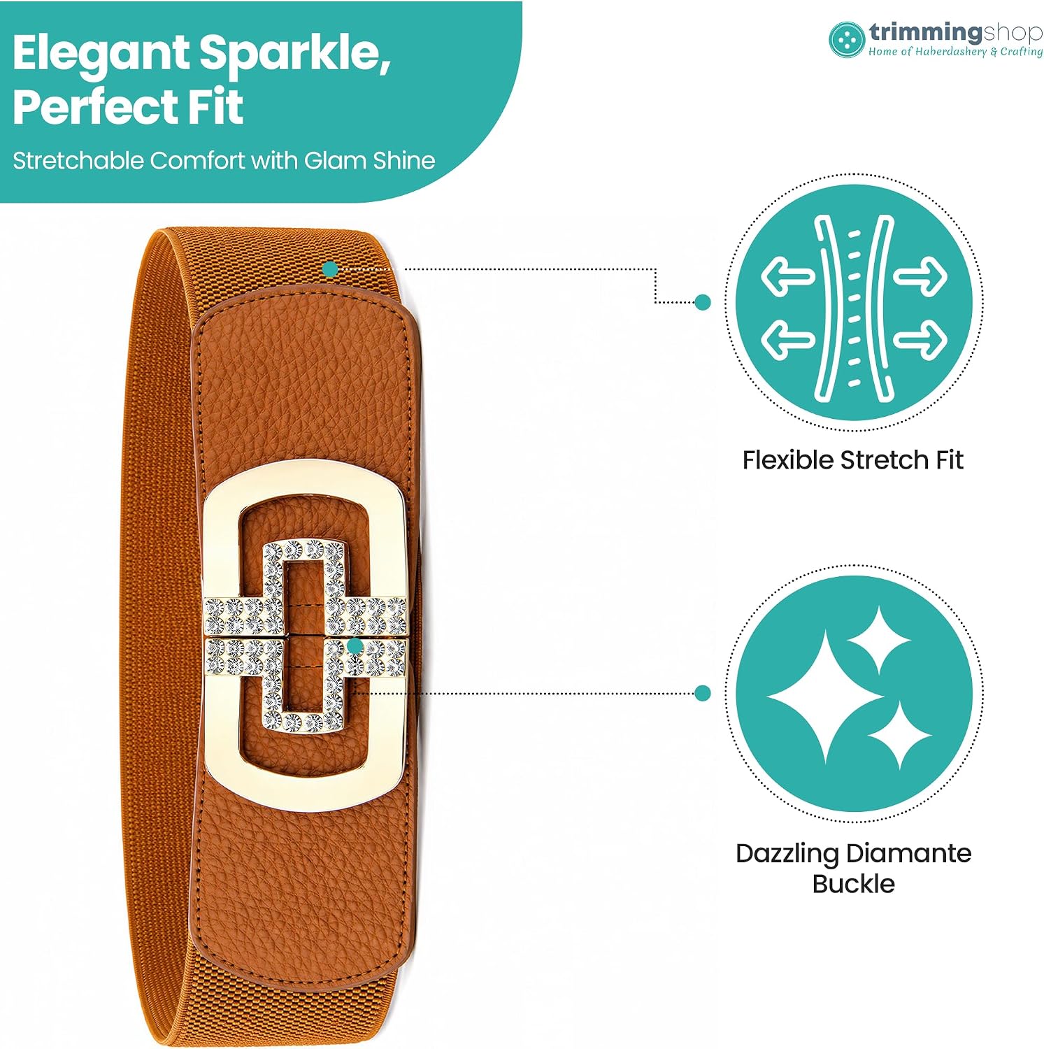Trimming Shop Women's 60mm Elastic Waist Diamond Embellishment Belt Buckle