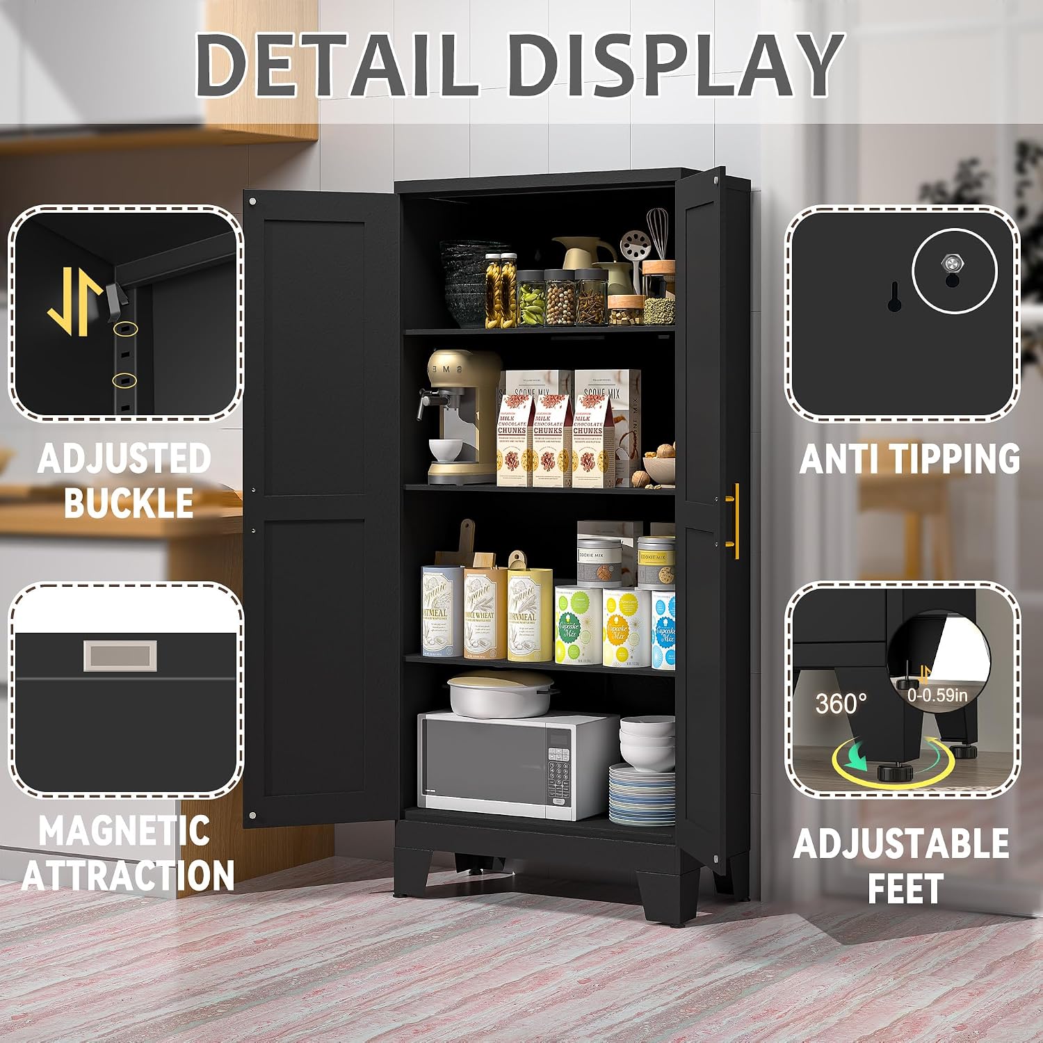 GAIOUS 75.2" Tall Metal Kitchen Pantry Storage Cabinets with 2 Door and 5 Adjustable Shelves, Cupboard for Kitchen, Dining Room, Living Room and Bathroom, White