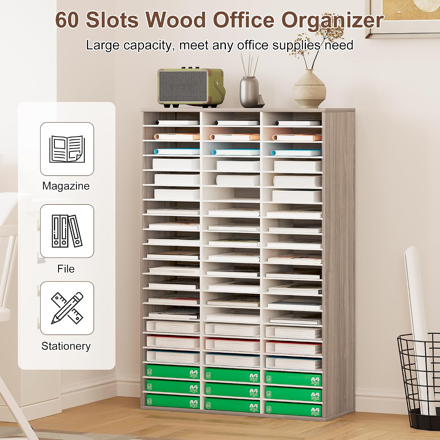 EasyPAG 12 Compartments Wooden Literature Organizer with Adjustable Shelves, 6000 Sheets Capacity Paper Organizer