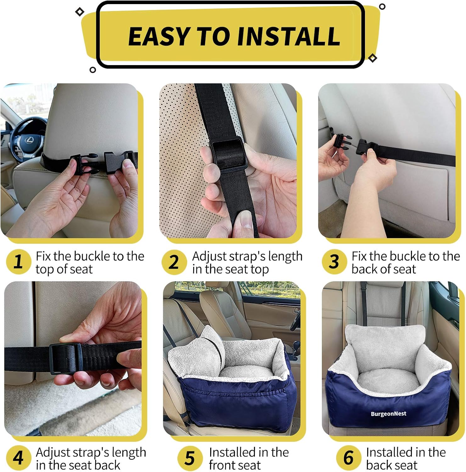 BurgeonNest Dog Car Seat for Small Dogs & Cats Under 25 lbs,Black
