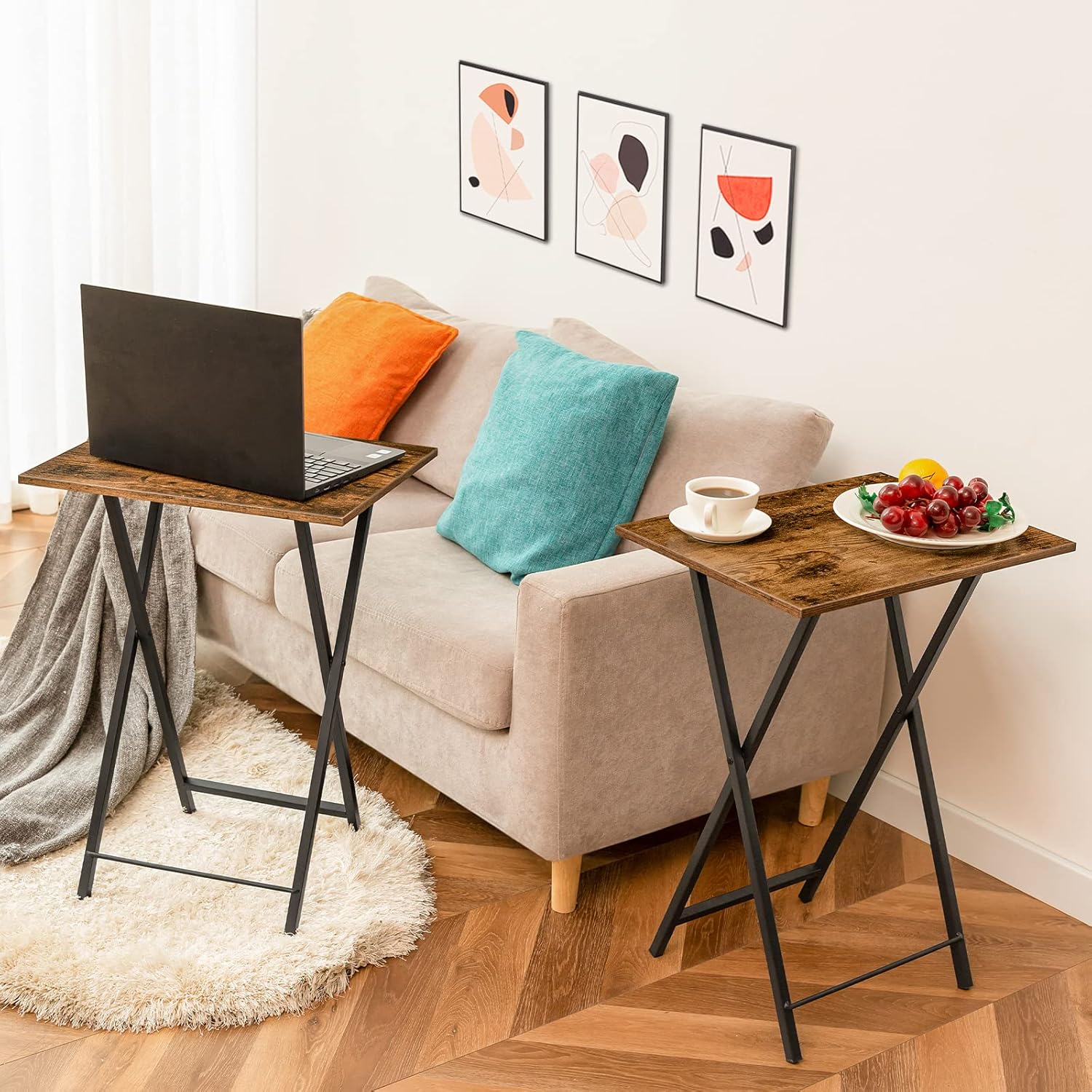 HOOBRO Folding TV Tray Tables, Set of 2 Side Table for Small Space, Industrial Snack Tables for Eating at Couch, Stable Metal Frame, Easy Assembly