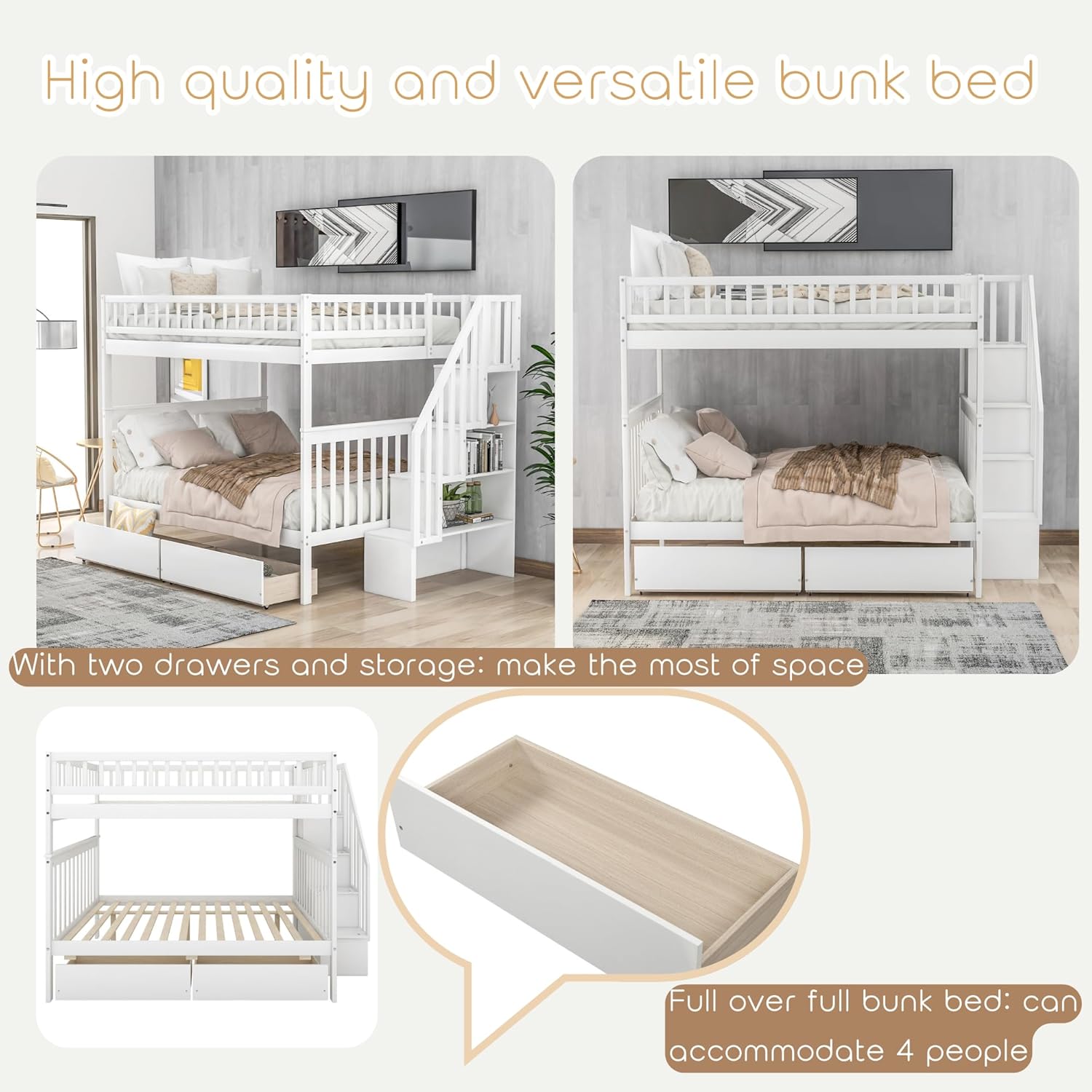 Bellemave Full Over Full Bunk Beds with Stairs Stairway Bunk Bed Frame with Storage Shelves for Teens Adult, Detachable Wood Full Bunk Bed, Gray