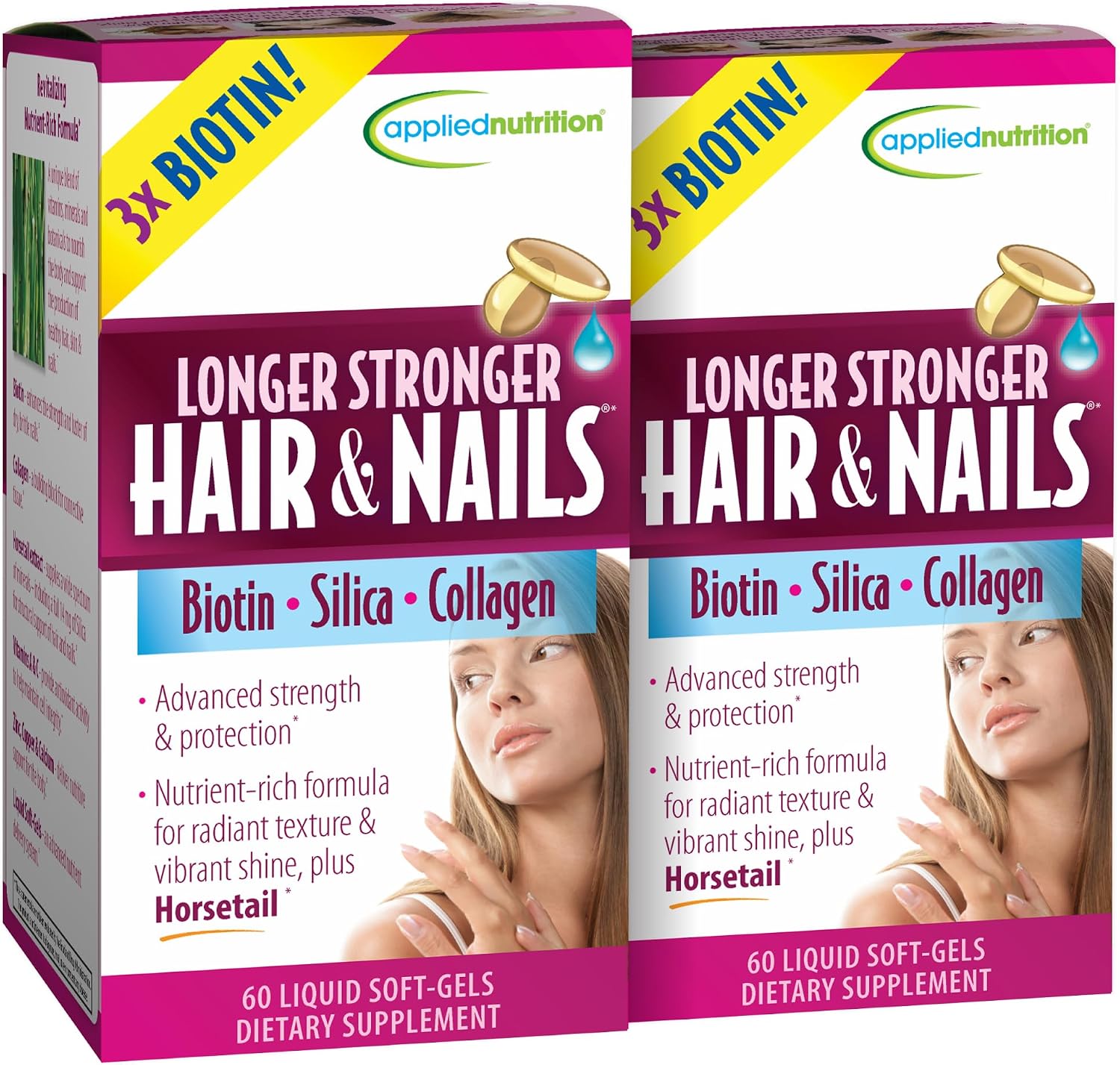Applied Nutrition Longer Stronger Hair & Nails - 60 Liquid Soft-Gels, Pack of 6 - Biotin, Silica & Collagen - 180 Servings | Biotin | Silica & Collagen | Hair & Nail Support | 6 X 60 Softgels