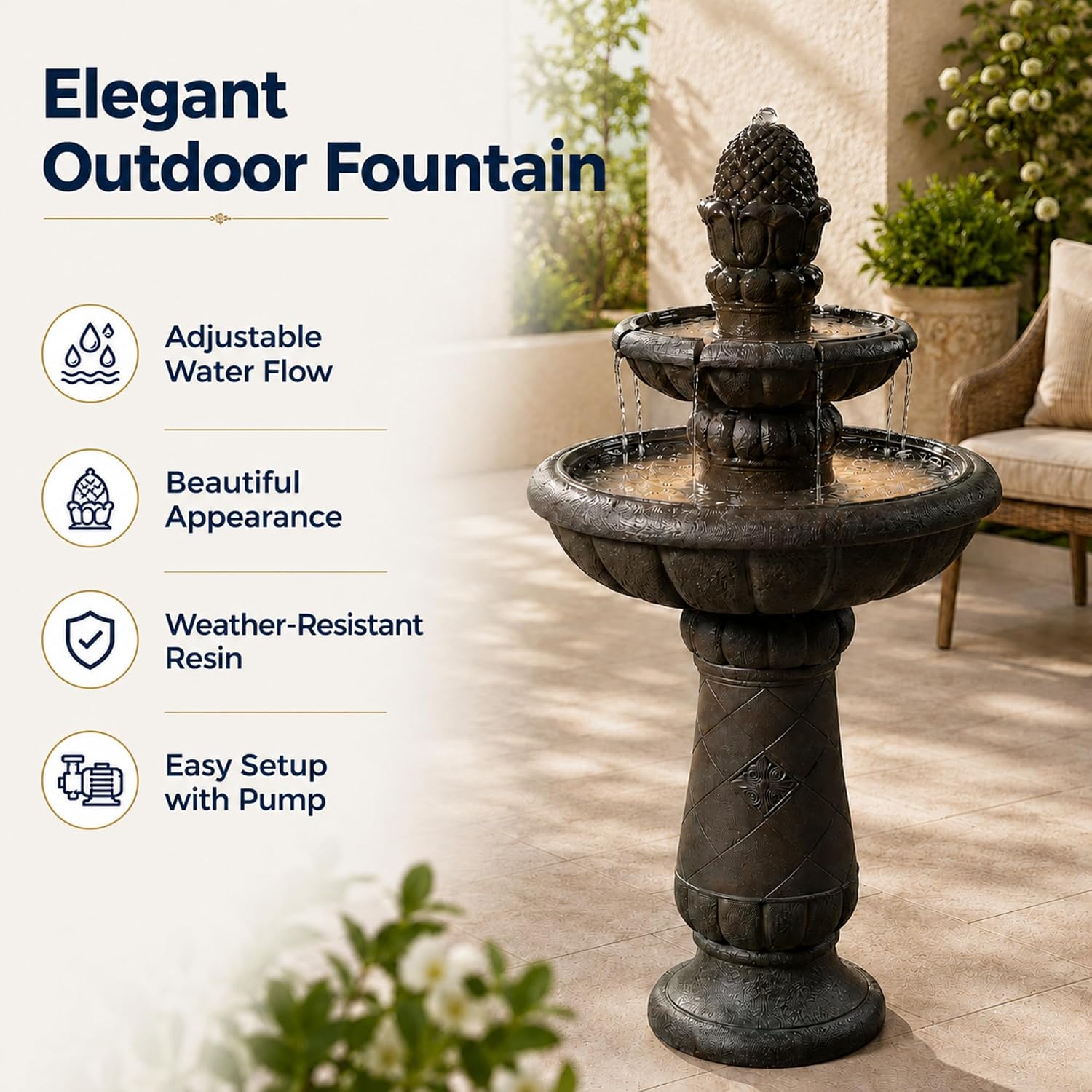Teamson Home Deluxe Pineapple Pedestal 2 Tiered Floor Waterfall Fountain with Pump for Outdoor Patio Garden Backyard Decking, 39 Inch Height