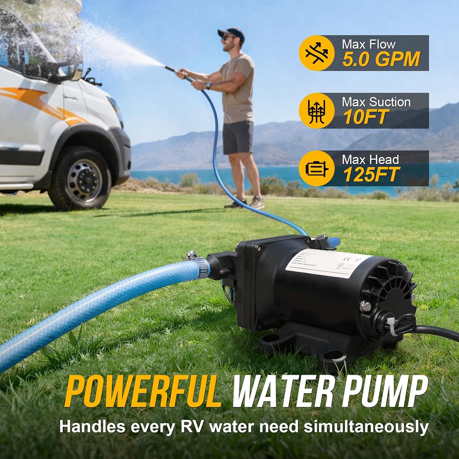 12V RV Water Pump, 5.0 GPM 55 PSI Diaphragm Pump, 20Volt Quiet Fresh Water Pump with Pressure Switch, Self Priming Pressure Pumps for RV Camper Boat Marine Food Truck, Dark Grey