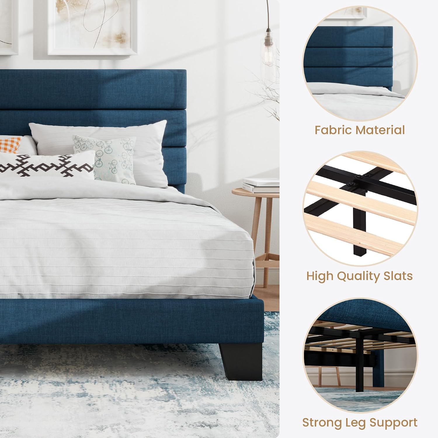 SHA CERLIN Full Platform Bed Frame with Upholstered Fabric Headboard, Grey