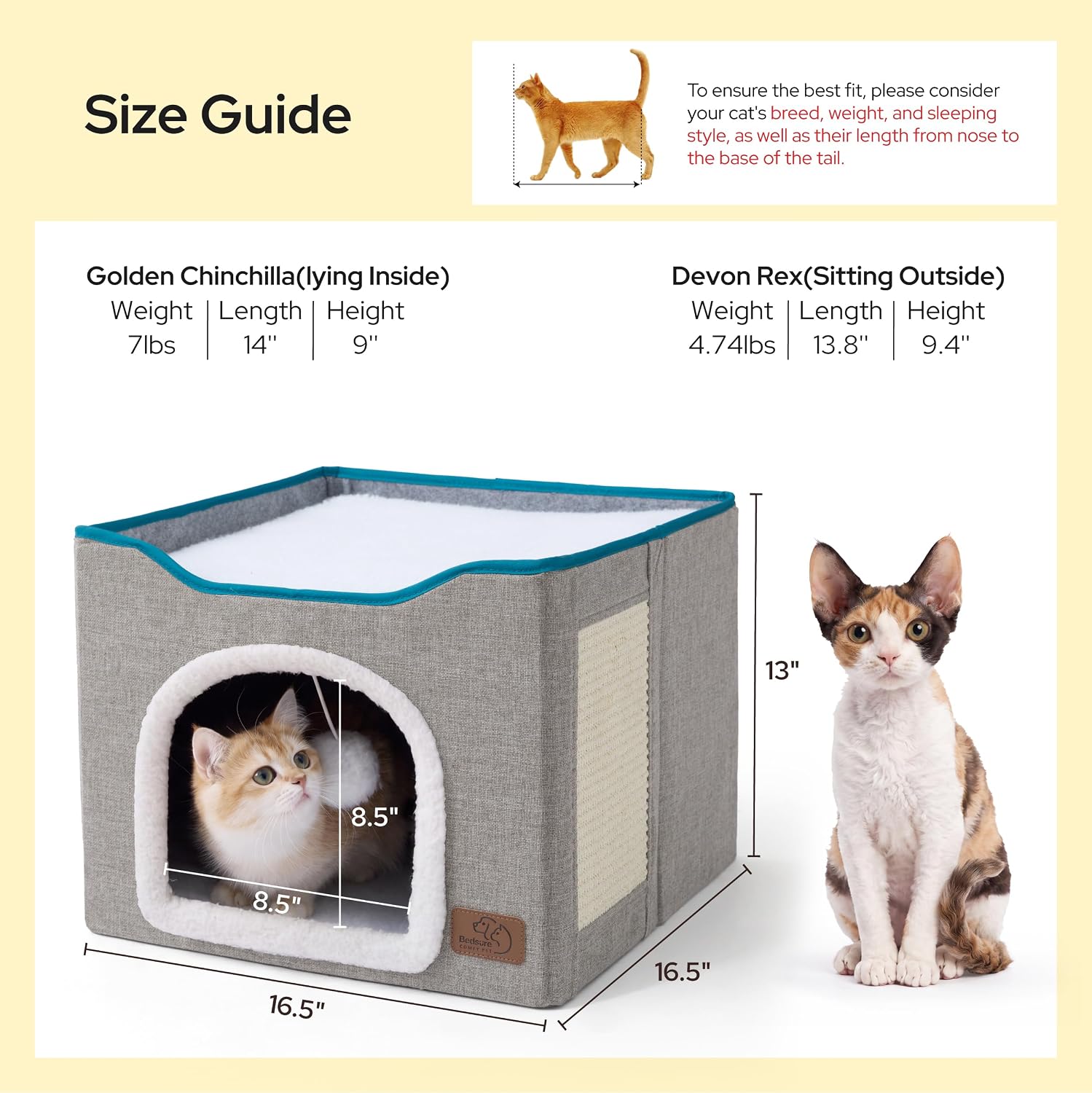 Bedsure Cat House Bed for Indoor Cats with Fluffy Ball and Scratch Pad,Grey