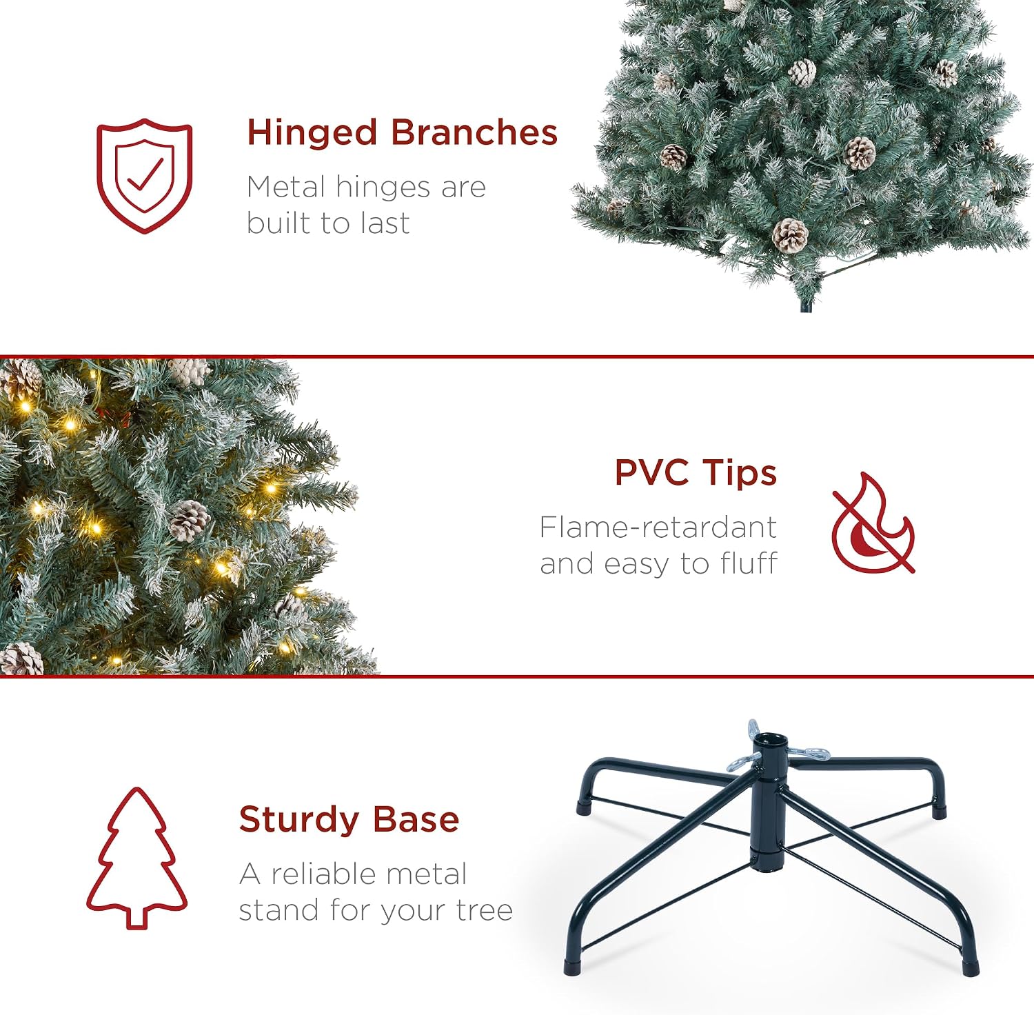 Best Choice Products 7.5ft Pre-Lit Pre-Decorated Pine Artificial Christmas Tree w/Twinkling LEDs, 1, 346 Flocked Frosted Tips, 80 Pinecones
