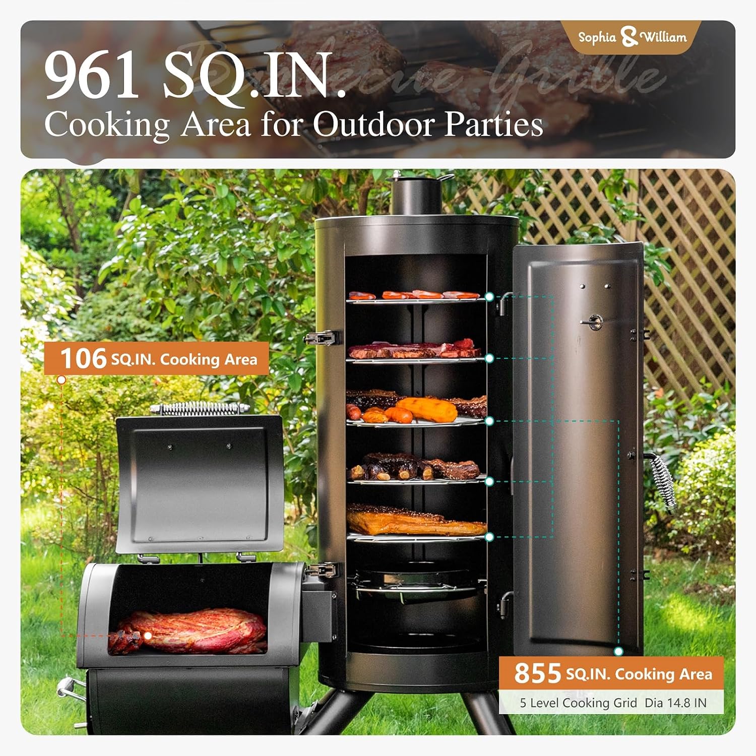 Sophia & William Vertical Offset Charcoal Smoker 961 SQ.IN. Cooking Area | Extra Large Heavy-Duty Outdoor BBQ Gill Offset Smoker with Warming Tray, Push-out Ash Tray for Outdoor Cooking, Black