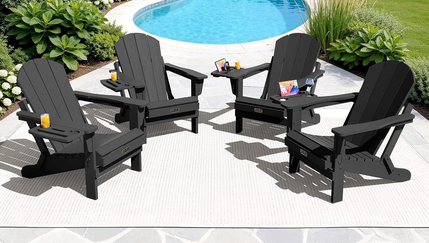 SERWALL Folding Adirondack Chairs with Cup Holder, Outdoor Fire Pit - Blue