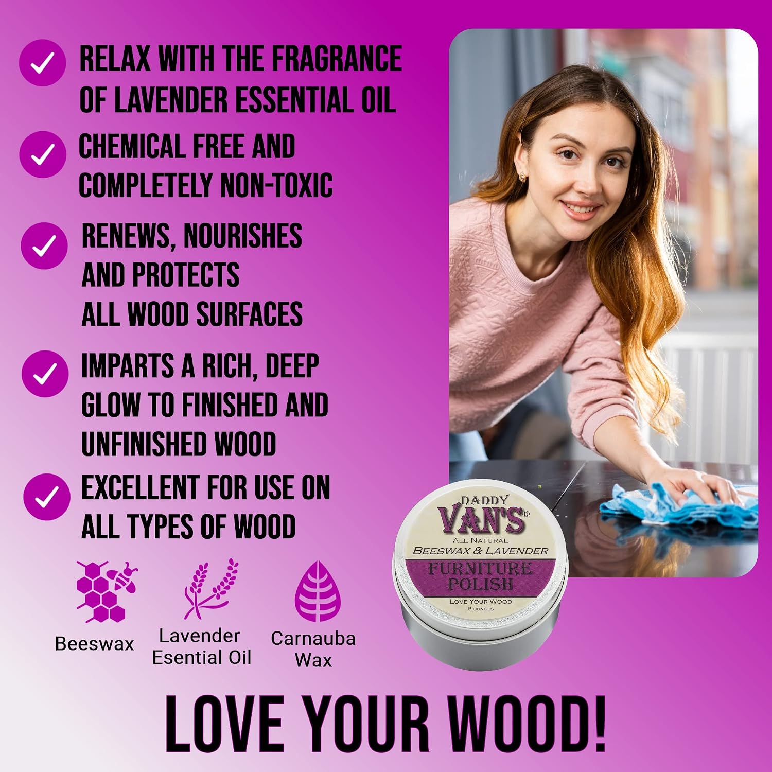 Daddy Van's All Natural Beeswax & Lavender Furniture Polish | Chemical-Free, Non-Toxic Beeswax Wood Conditioner
