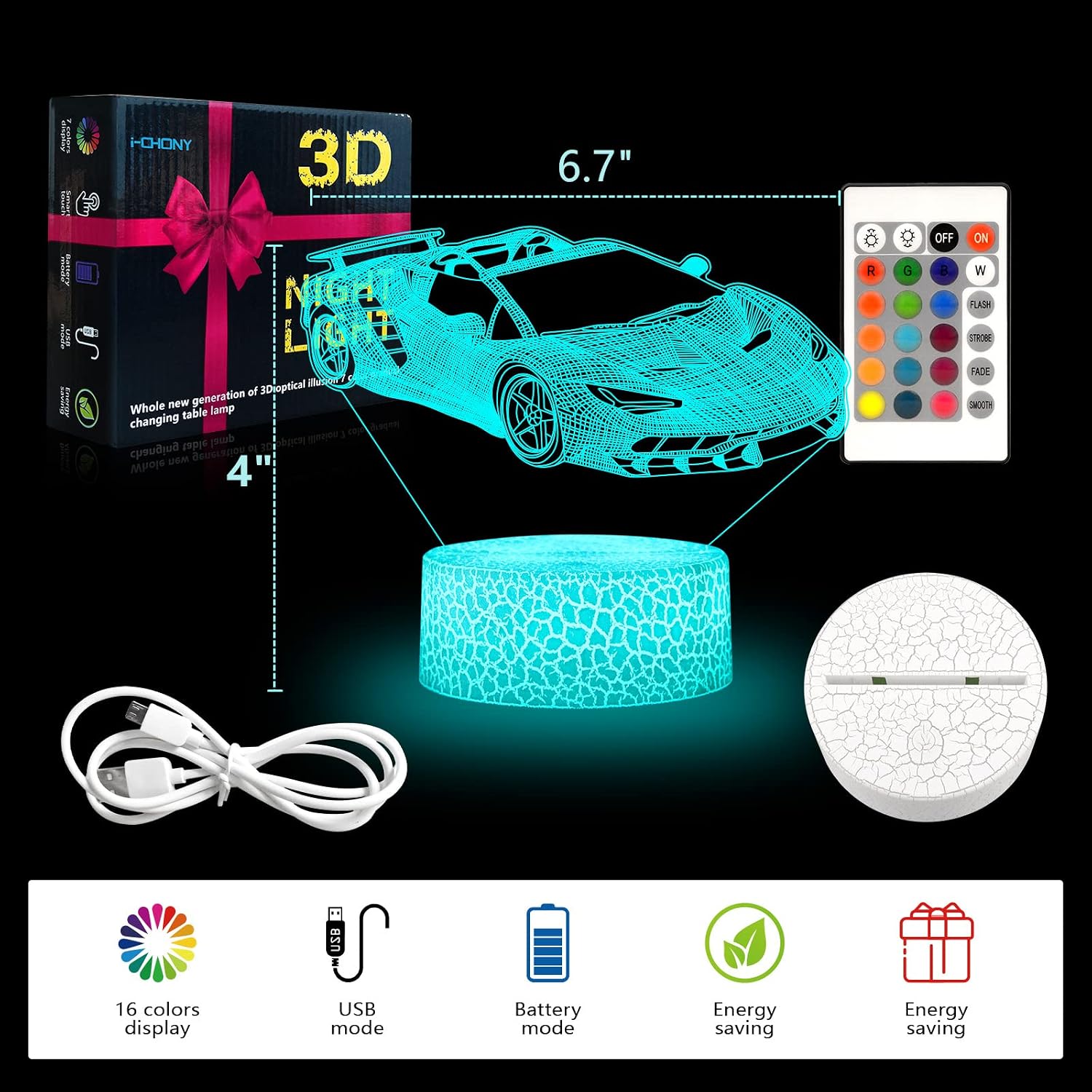 i-CHONY Dinosaur Toy T-Rex 3D Night Light for Kids, 16 Colors Dimmable Dinosaur Led Light with Remote & Smart Touch