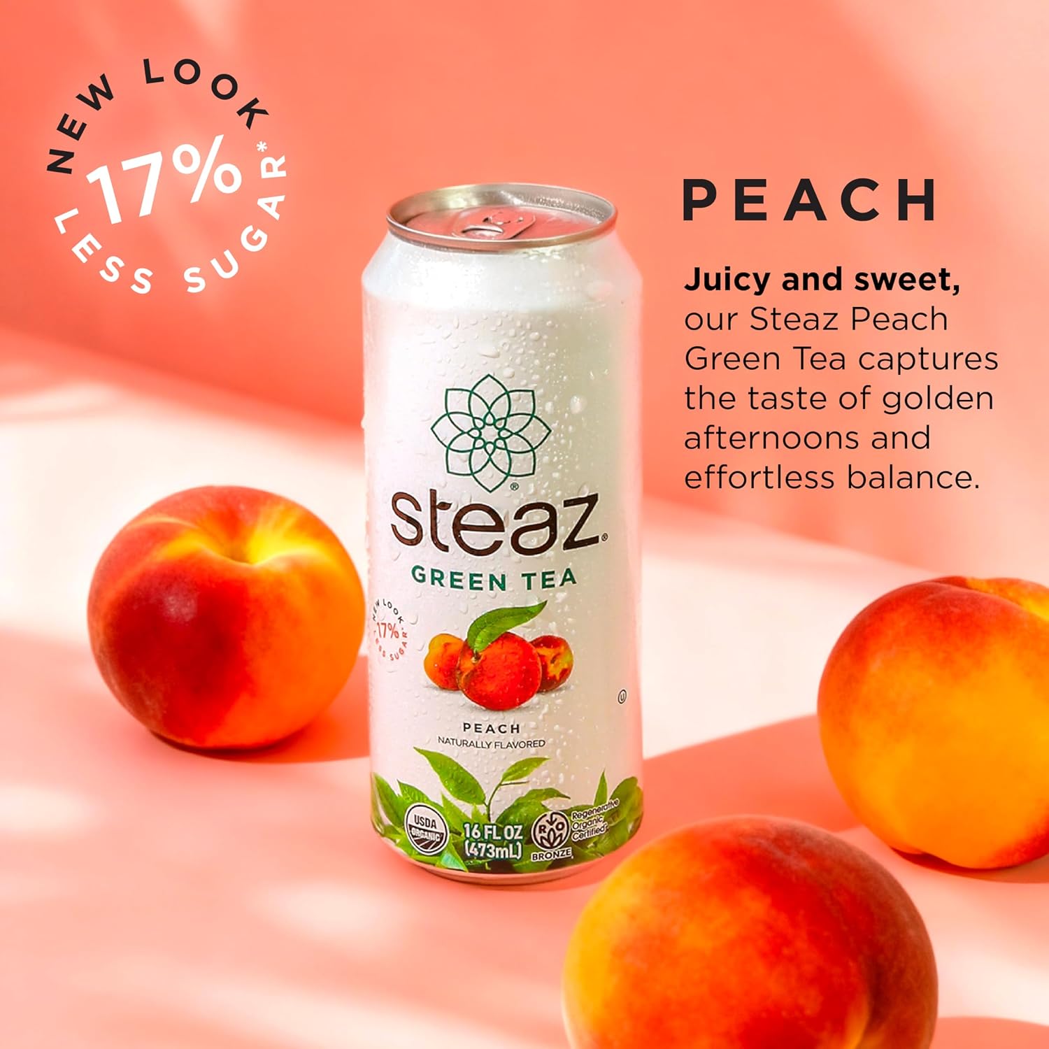 Steaz - Organic Green Tea - Peach (12 Pack) - 30mg Natural Caffeine, 70 Calories,Cane Sugar - Sweetened Iced Tea - Regenerative Organic Certified®️ - Vegan, Direct Trade - 12 Cans, 16 fl oz