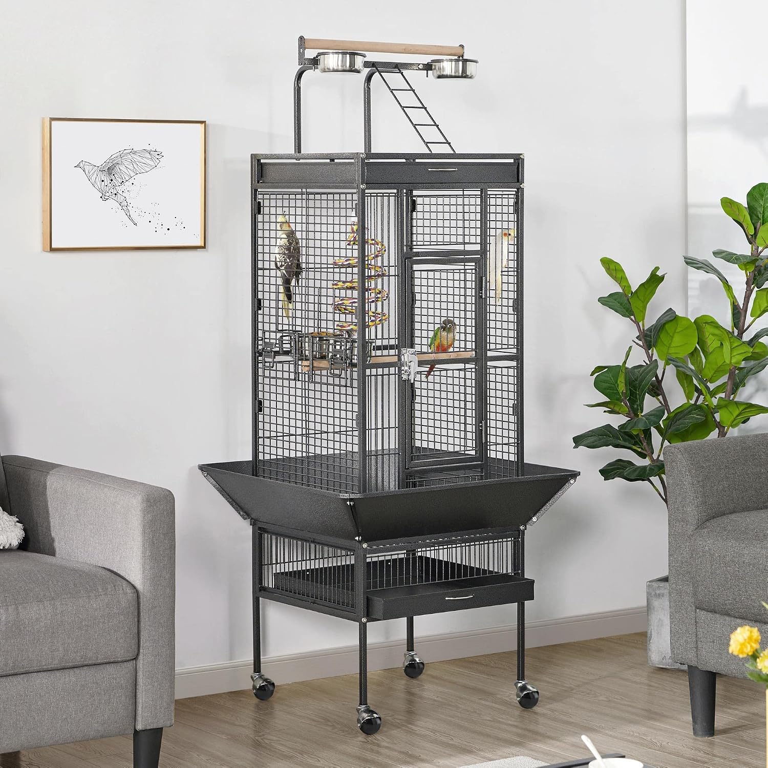 Yaheetech Wrought Iron Bird Cages, Play Top Large Aviary with Stand for Cockatiel Parrot Sun Parakeet Conures Lovebird Budgie Finch African Grey White, 61-inch