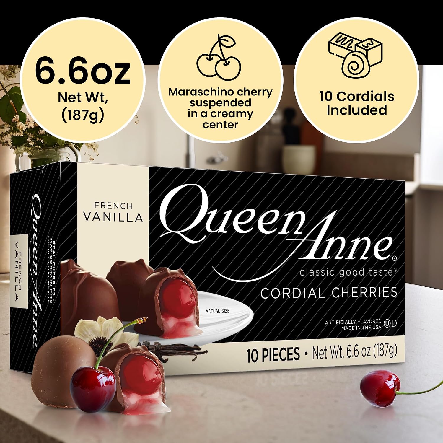Queen Anne French Vanilla Chocolate Covered Cordial Cherries | 6.6 oz | 10 Piece Gift Boxes | Whole Maraschino Cherry Creamy Filled Liquid Center | Holiday Party Chocolate Candy