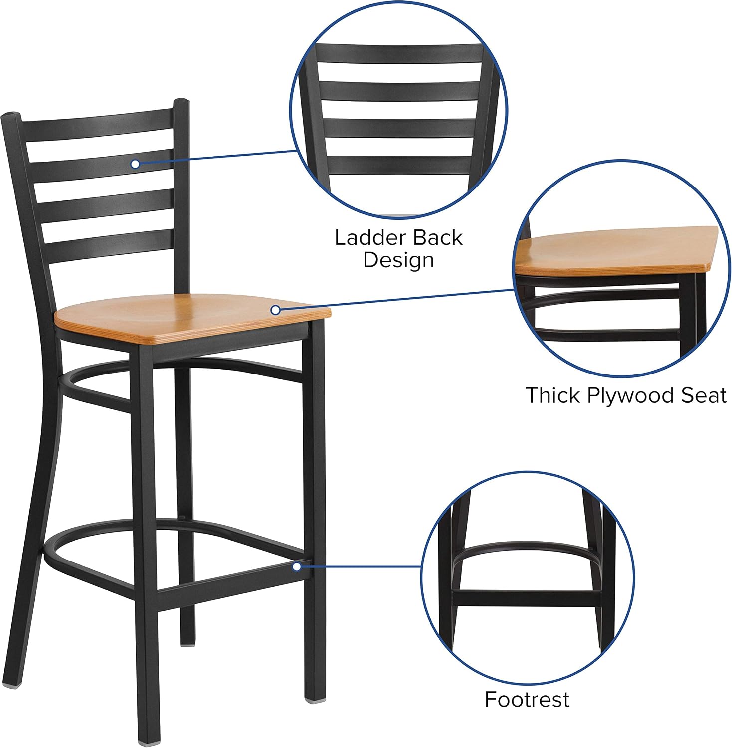 Flash Furniture Hercules Series Ladder Back Metal Restaurant Barstool, Modern Upholstered Armless Bar Height Chair for Restaurants and Kitchens, Black | Vinyl Upholstery, Durable Construction, Commercial Use