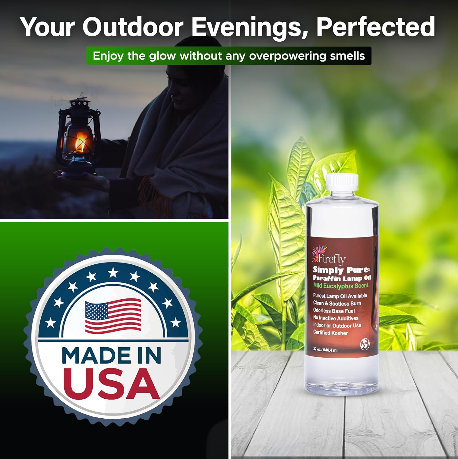 Firefly - Premium Paraffin Lamp Oil 32 oz - Smokeless Indoor Fuel | Eucalyptus Scent, Kosher Certified, Wick Fed Lamps, Lantern And Candle Use