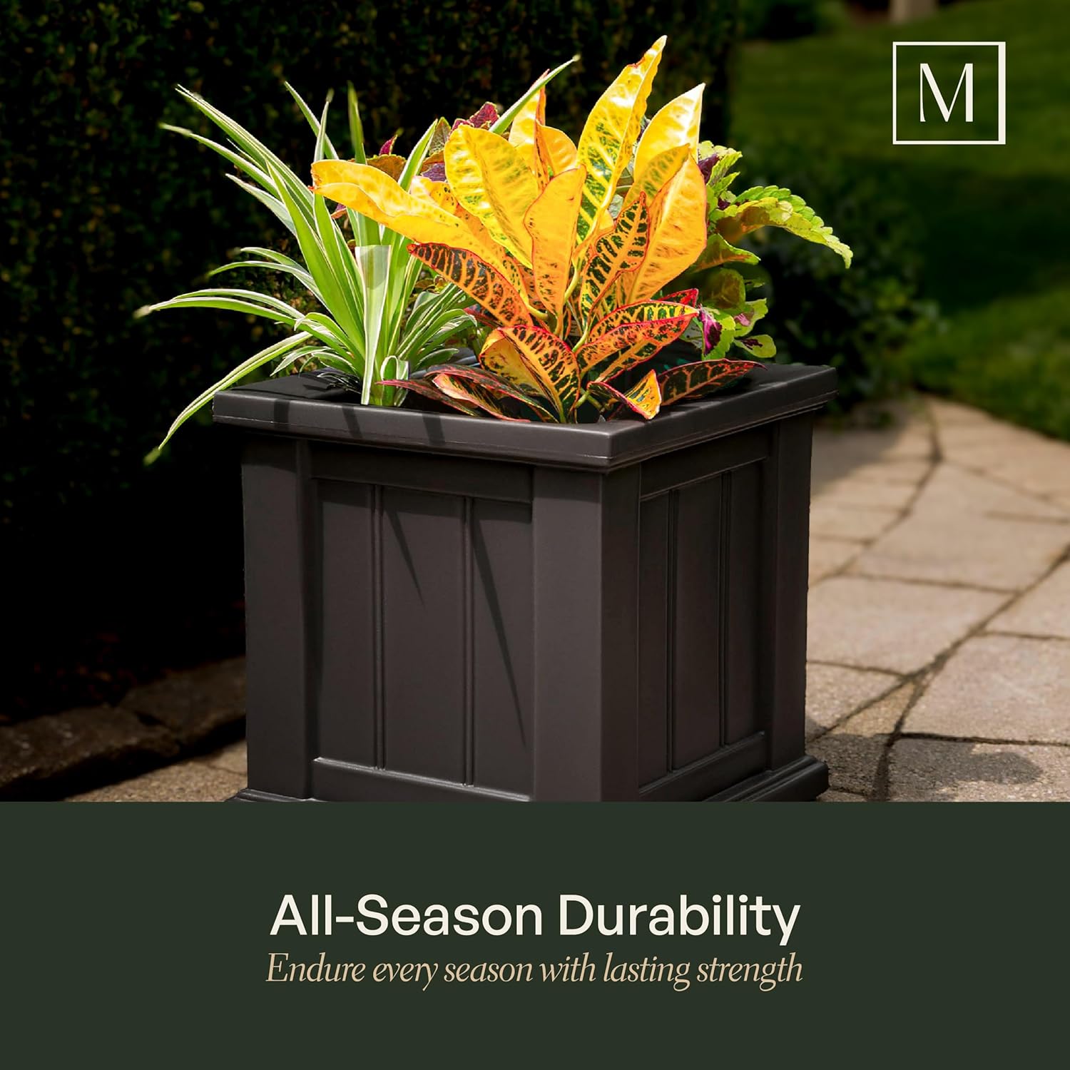 Mayne Cape Cod 14in Self-Watering Square Planter, Black | Self-watering, All season, Fade resistant, Double-wall design, 15-year warranty