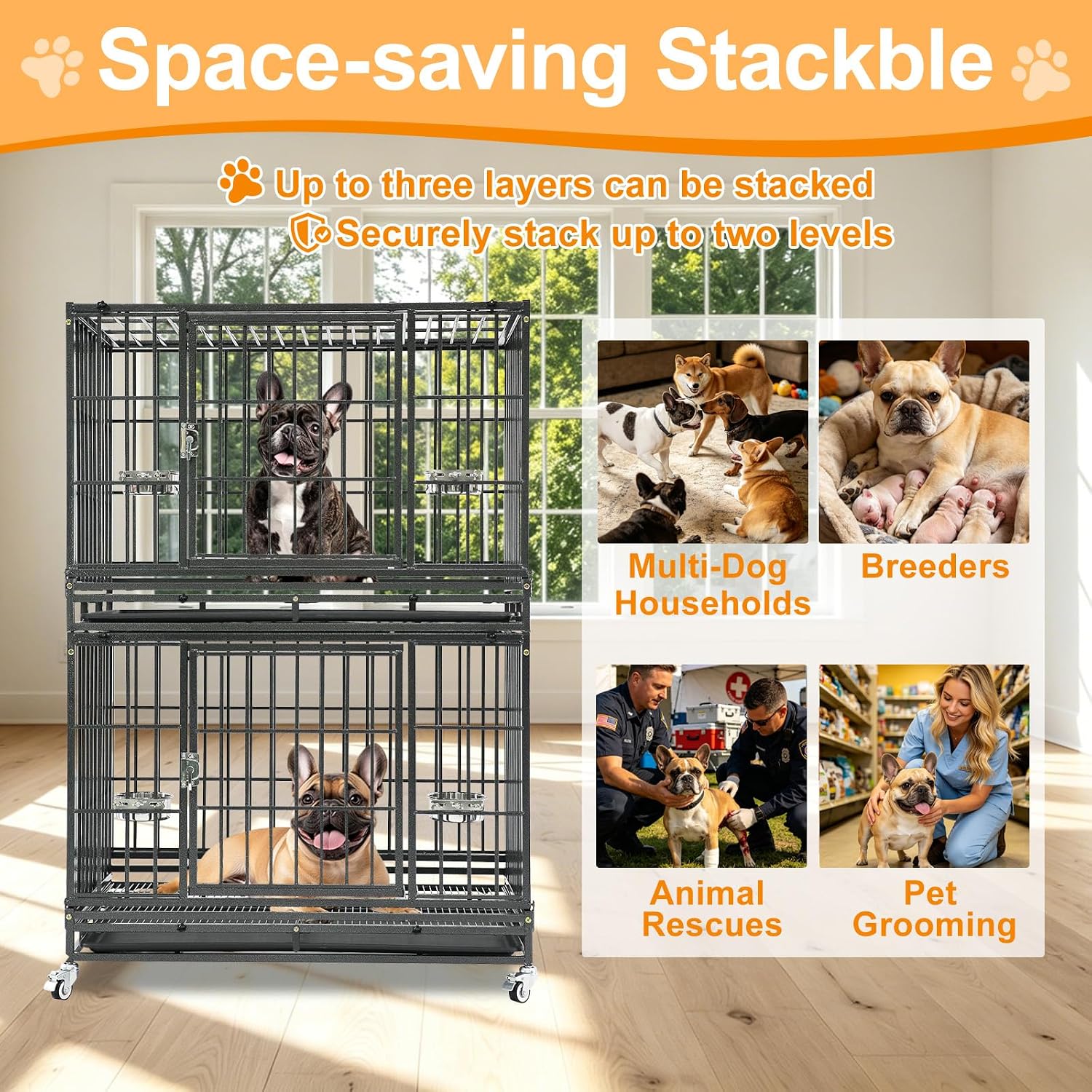 Homey Pet Three Tiers 43 inch Heavy Duty Dog Crate with Wheels, Dual Doors | Stackable Indestructible Steel Dog Cage Kennel Indoor with Divider, Trays, Bowls, Escape Proof Locks for Breeders and More