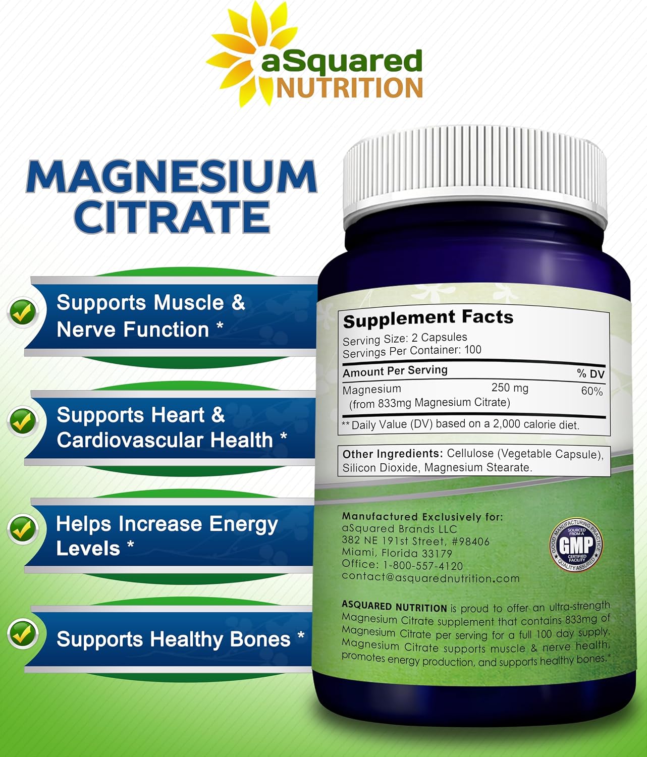 aSquared Nutrition Magnesium Citrate 833mg Supplement - 200 Capsules - Max Strength Vegan Mag Citrate Powder Pills to Support Pure Function of Muscles