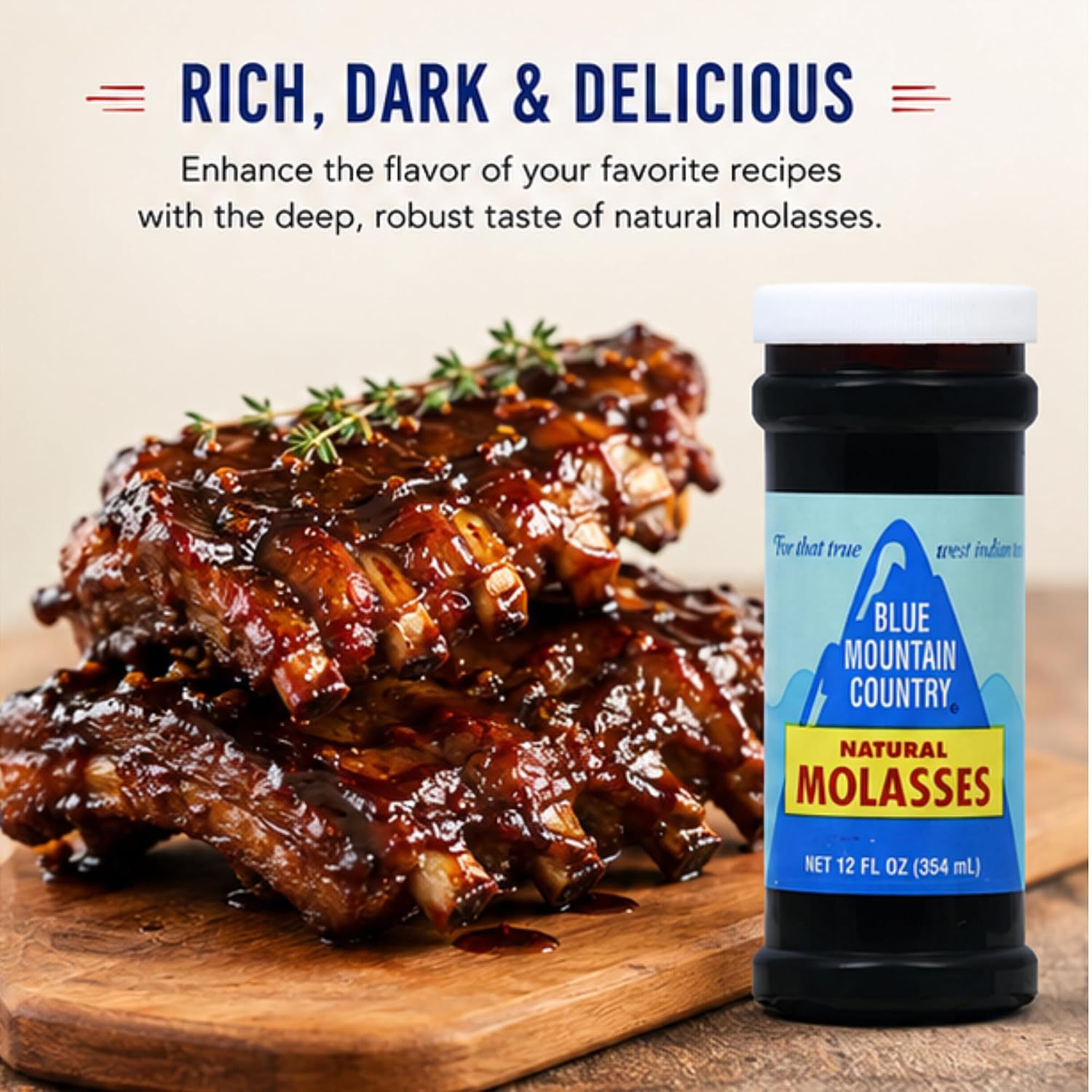 Blue Mountain Country Natural Molasses, 12 oz - Authentic West Indian Molasses, Rich Dark Sweetener for Baking, Cooking, Marinades & Beverages