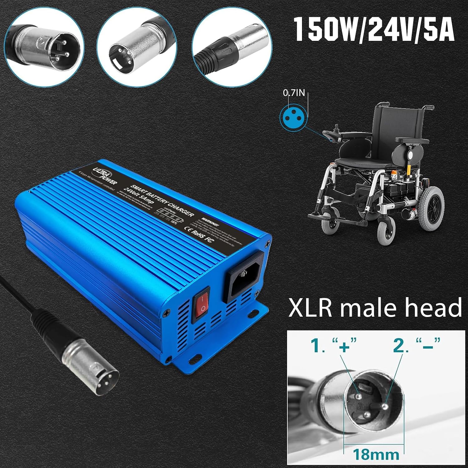 ULTRAPOWER 24V 5A Battery Charger, Universal Battery Charger Maintainer with 4LEDs Indicator, XLR Connector for Cars, Trucks, RVs, ATVs, UTVs