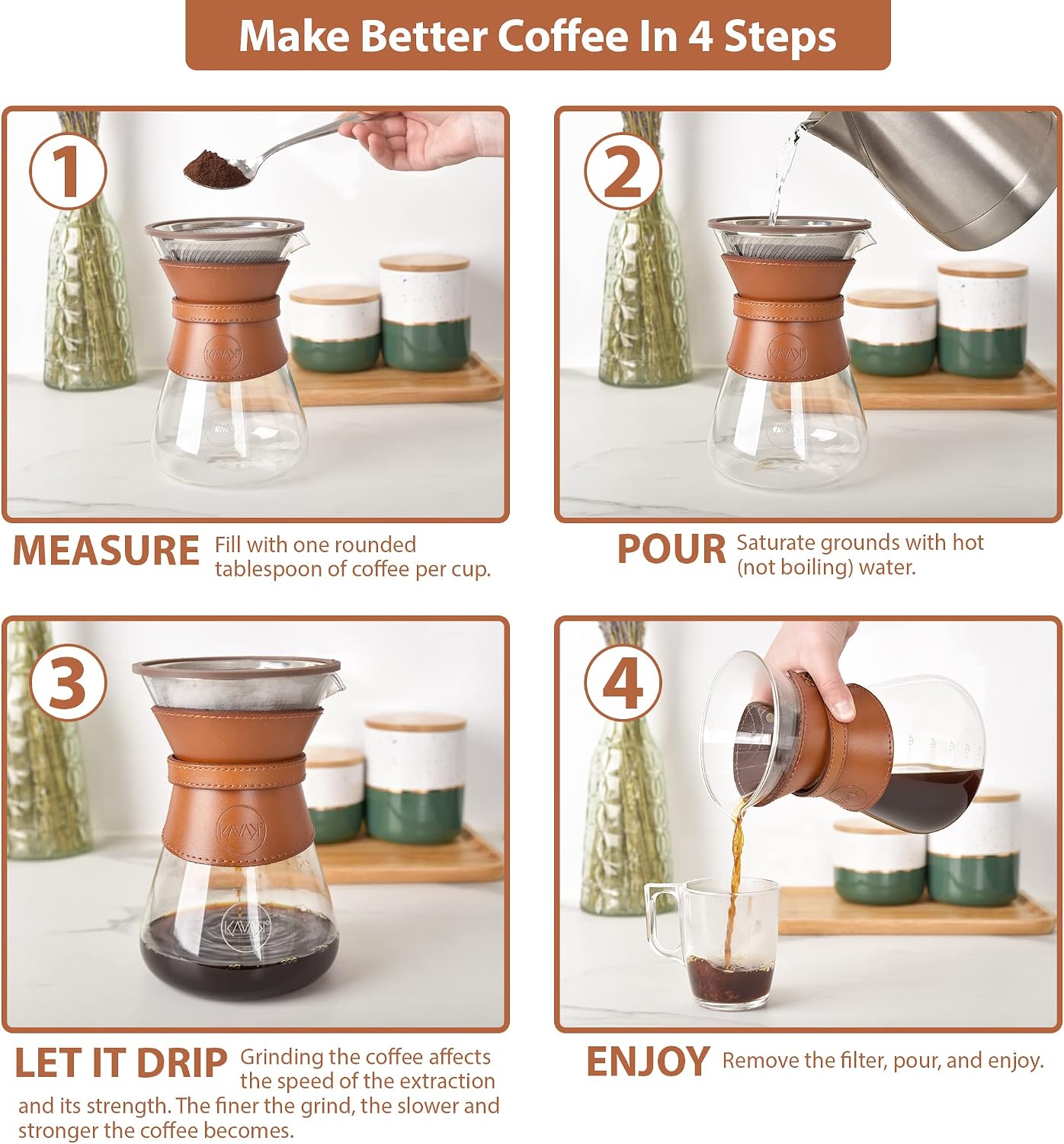 Pour Over Coffee Maker Set with Double-Layer Stainless Steel Filter, Coffee Dripper